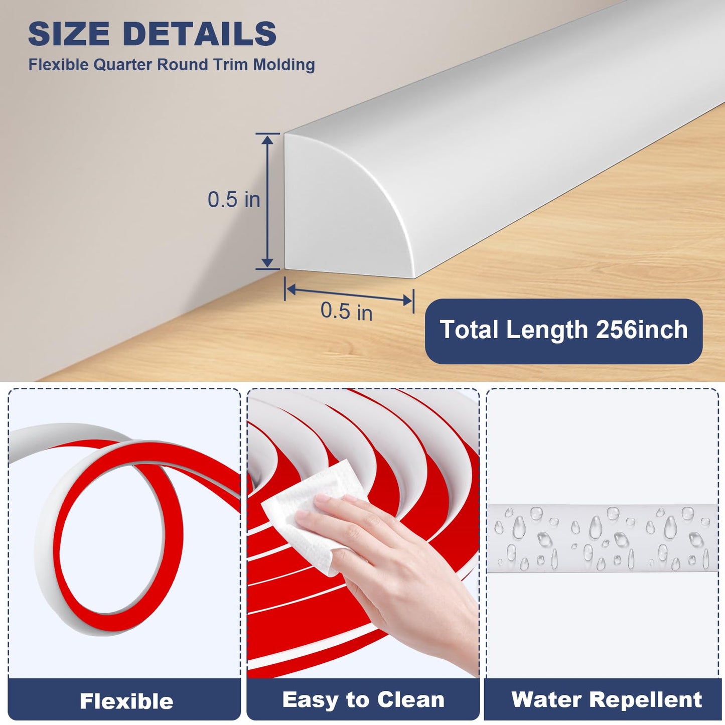 Storystore Flexible Quarter Round Molding, 256×0.5 inch Self Adhesive Rubber Quarter Round Trim, Waterproof Peel and Stick Moulding Trim for Wall Edge Corner Base of Staircase Cabinet Edge Countertop
