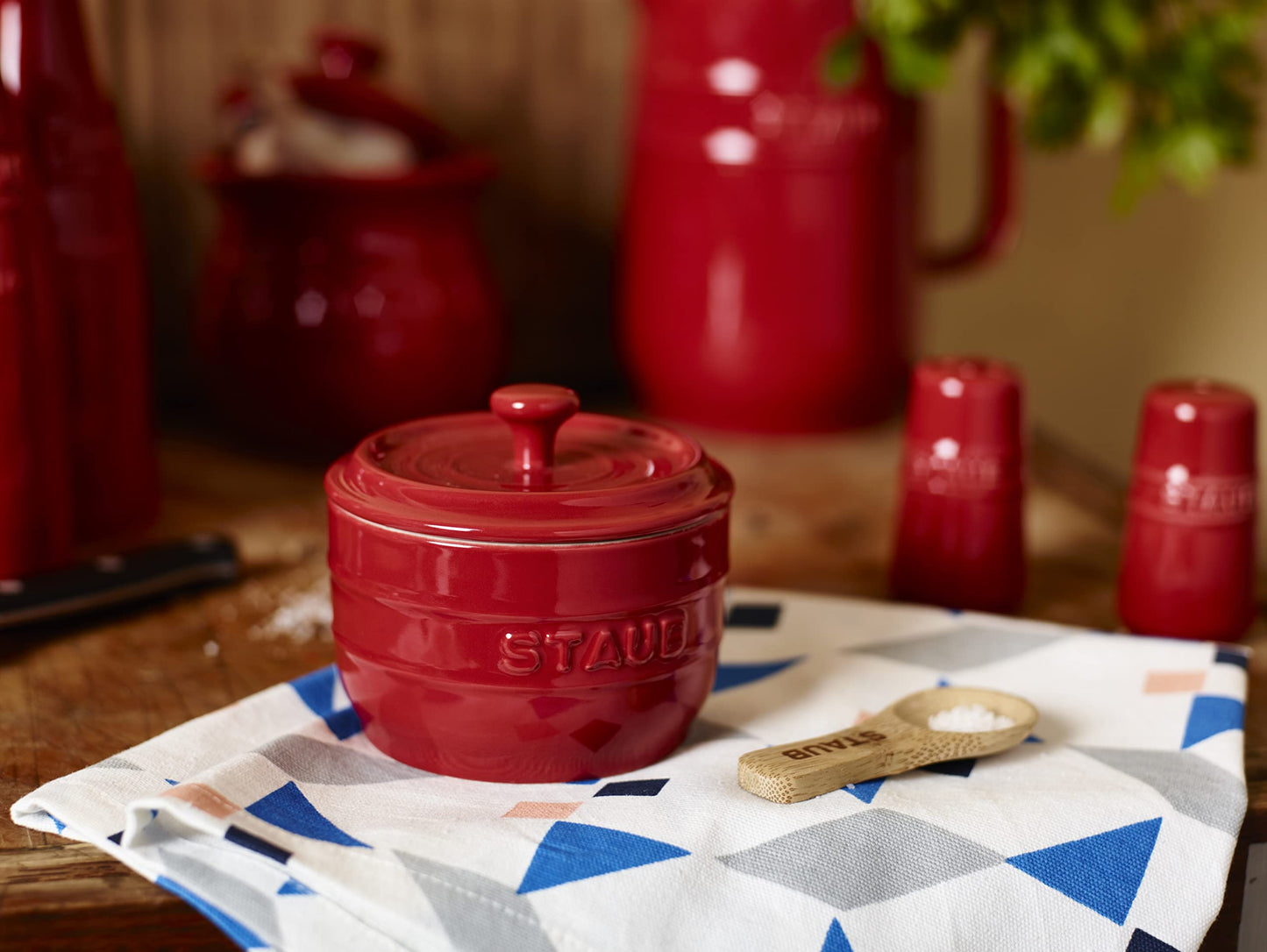 STUAB Kitchen Ceramic Salt Crock with Wooden Spoon - Cherry