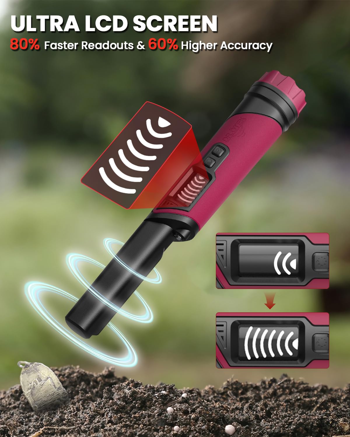DR.ÖTEK Metal Detector Pinpointer IP68 Fully Waterproof Underwater Handheld Pin Pointer Wand, LCD Screen, Small Metal Detector for Adults, High Accuracy, 3 Alert Modes, for Gold, Relics, Coins