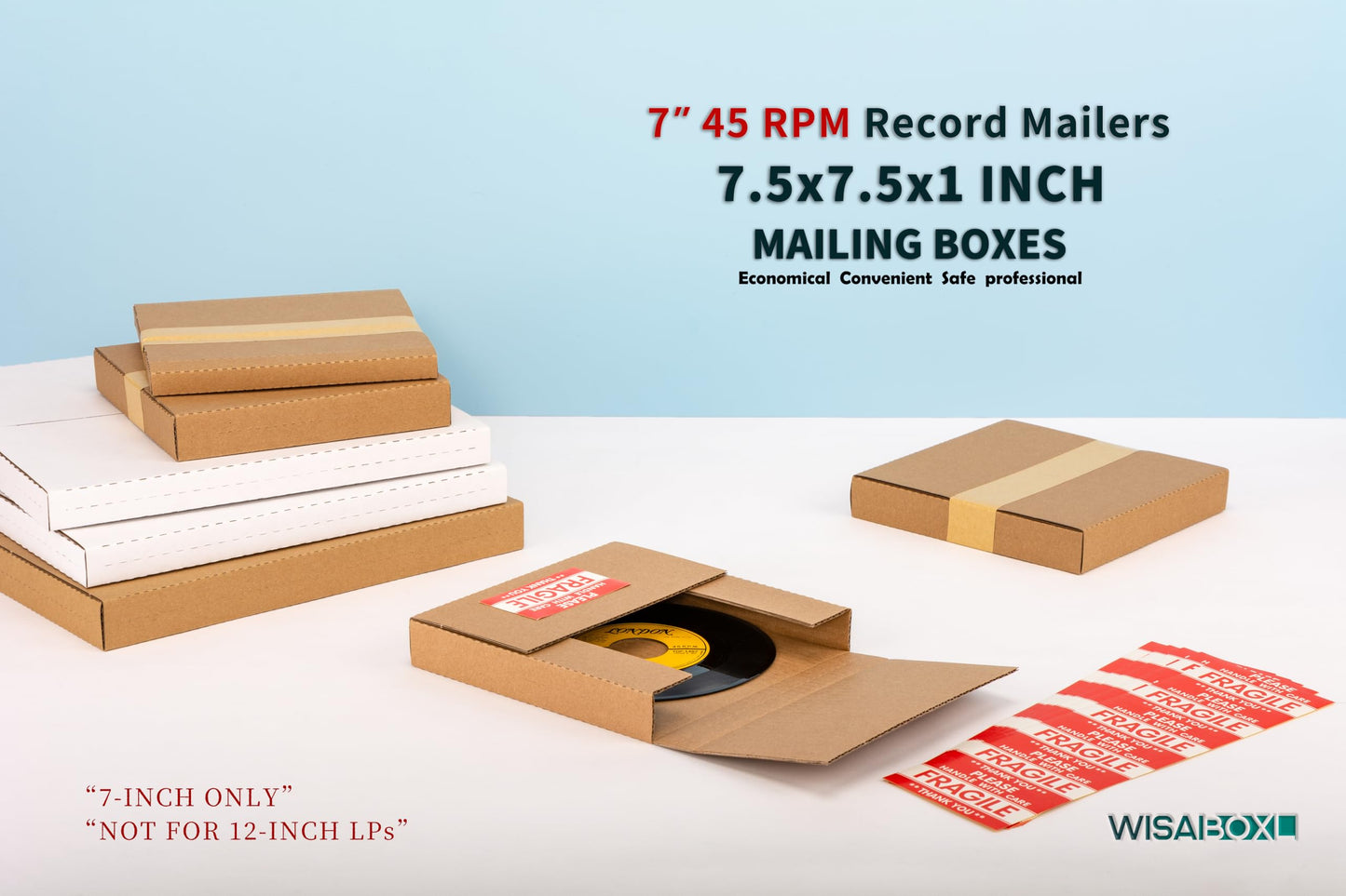 Wisaiboxl 7 inch 45 RPM Vinyl Record Shipping Boxes 7.5"L x 7.5"W x 1"H Easy Fold, Multi Depth Corrugated Cardboard Box with Fragile Stickers for Shipping, Packing, Moving, Storage, Brown, 50 Pack