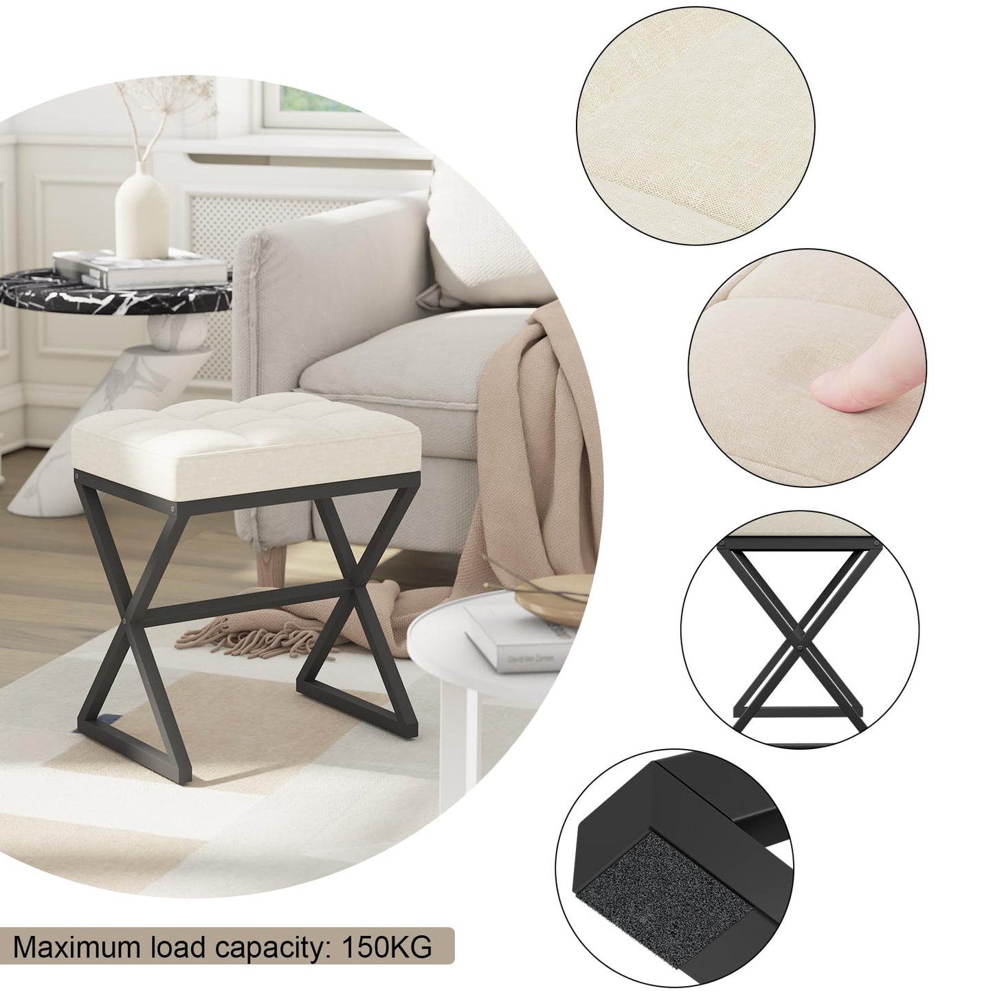 YMYNY Vanity Stool, Linen Footrest Stool, Ottoman Bench with X-Shaped Metal Legs, Makeup Dressing Stool for Vanity, Living Room, Bedroom, Entryway, Hallways 15.74" D×11.81" W×18.11" H Beige UHBD033Y
