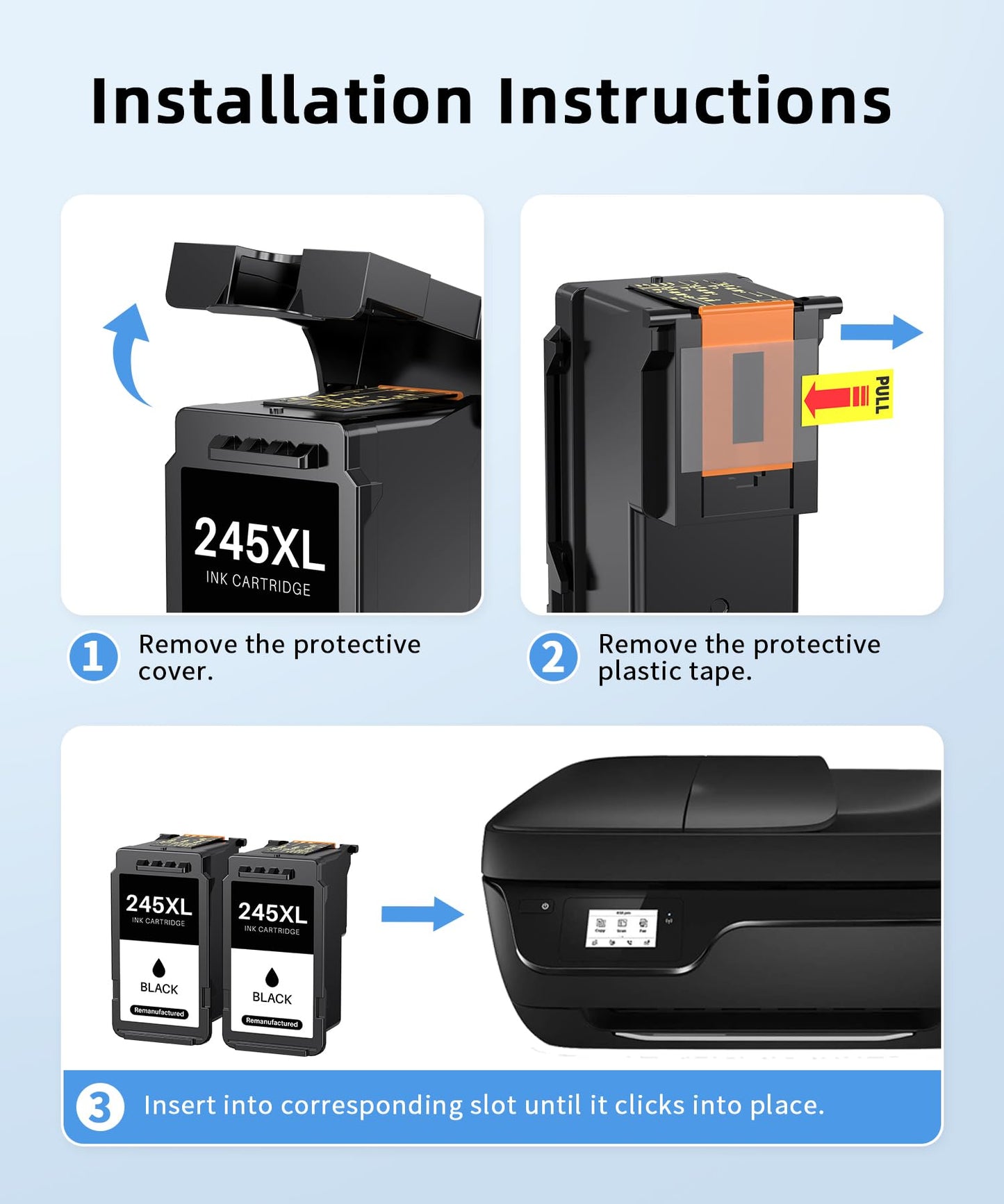 (2 Black) 245XL Ink Cartridge Replacement for Canon 245XL Black 245 PG245 Work with MG2522 MX490 MX492 TS3122 TS3322 TR4520 TR4500 MG2520 TS3300 MG2525 TR4522 TS3100 TS3320 MG2500 TS3100
