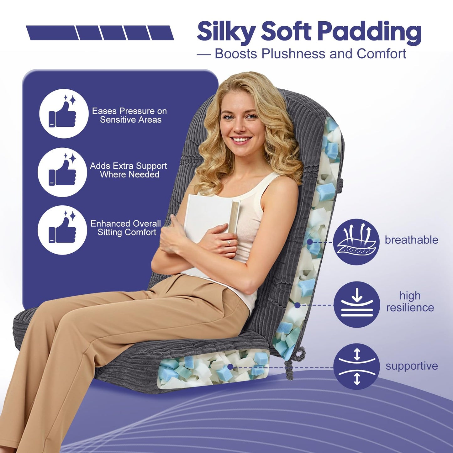 idee-home Rocking Chair Cushions Indoor, Glider Rocker Replacement Cushions with Removable Corduroy Cover, Wooden Rocking Chair Pad High Back, Non-Slip Bottom Tufted Seat Pads with Ties, Grey