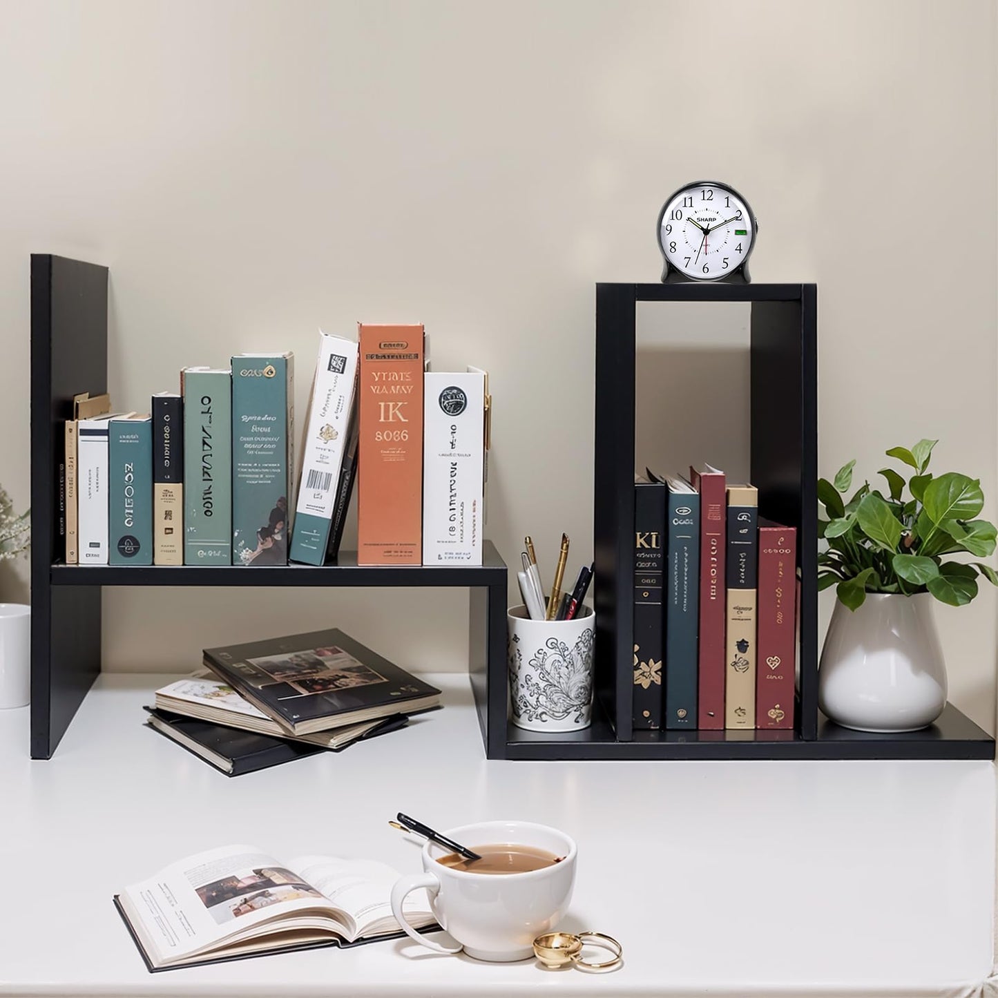 Olyzer Desktop Bookshelf Organizer, Adjustable Display Shelf Rack Office Storage Desk Shelf Free Style Display Stand Shelf Rack for Home Decor, Office (Black)