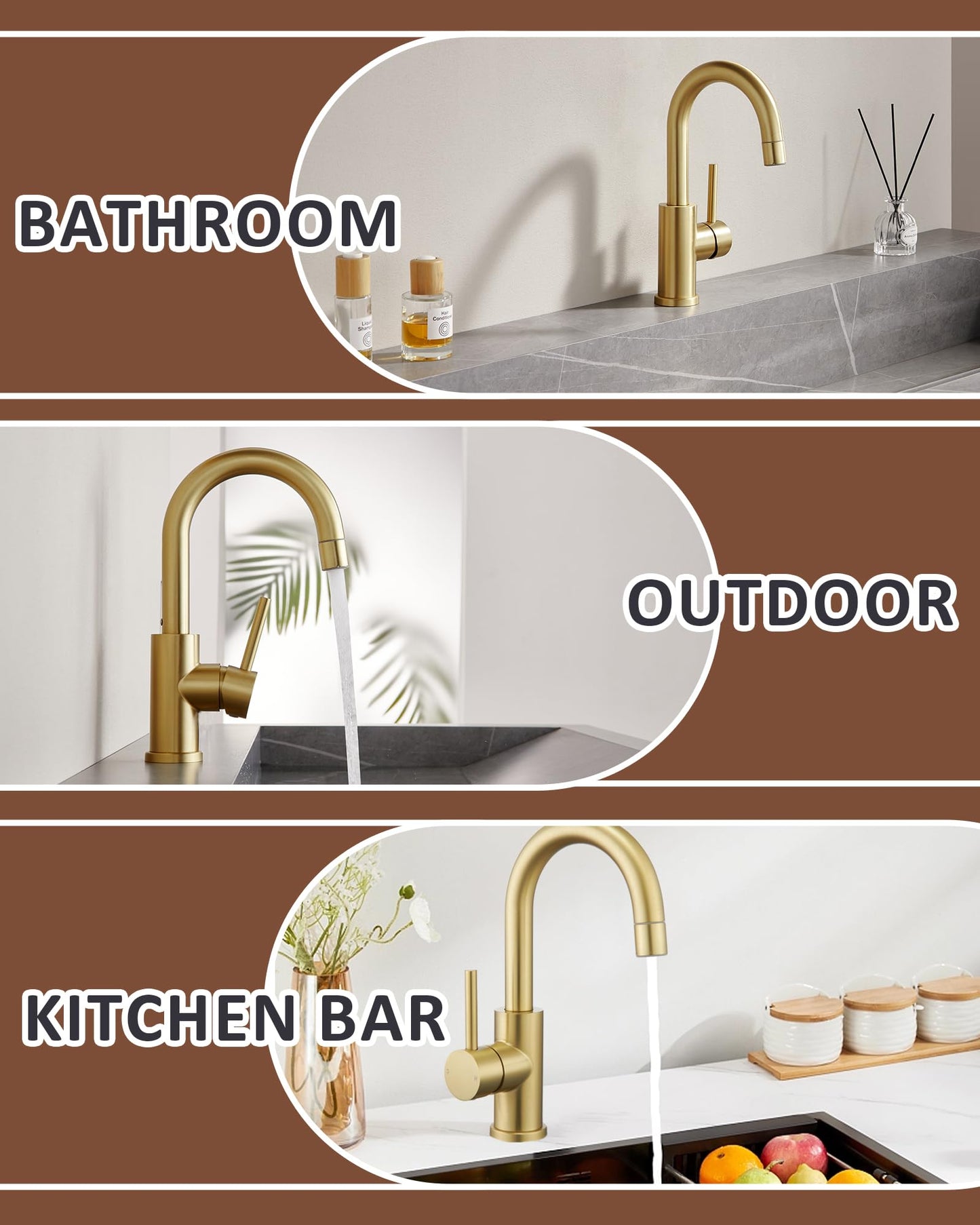 Tohlar Gold Bathroom Faucet, Brushed Gold Bathroom Sink Faucet with Sprayer, RV Vanity Small Kitchen Faucet with 360° Rotation Spout, Single Hole Bar Sink Faucet with Pop Up Drain, 24” Supply Hoses