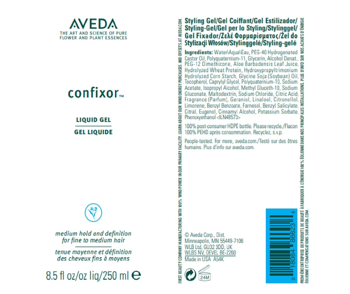 Aveda Confixor Liquid Hair Gel | for Fine to Medium Hair | Medium Hold Gel | Ylang-Ylang, Lavender, Petitgrain Aroma, 250ml