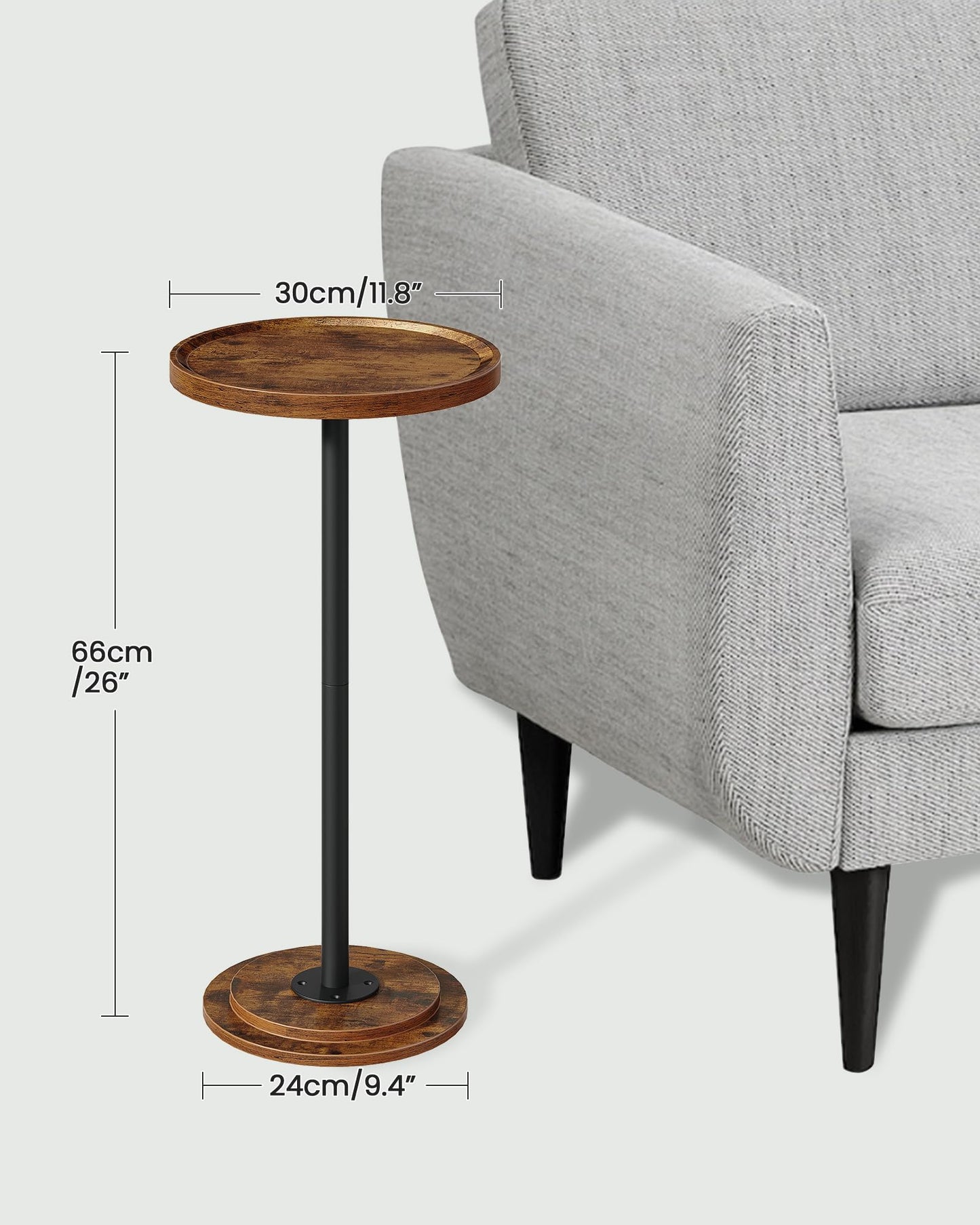 CHOEZON Small Round Side Table, Drink Table, Pedestal Table for Small Spaces, Martini Table, Thickened Base, Living Room, Bedroom, Office, Rustic Brown and Black TBZ30BF