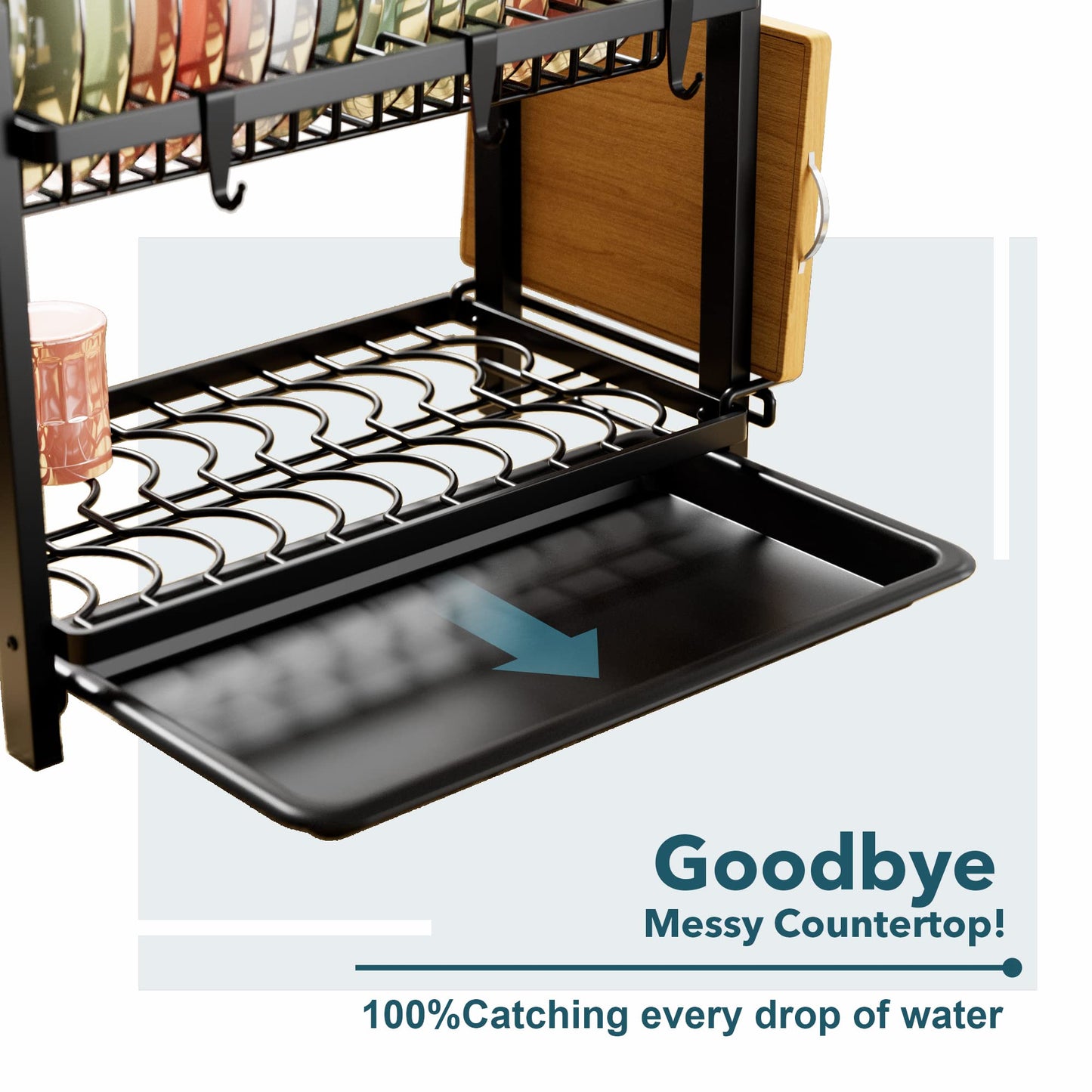 niffgaff 2 Tier Dish Drying Rack, Kitchen Dish Rack with Utensil Holder, Cutting Board Holder & Drain Tray for Kitchen Counter, Small Apartment Organization, Black
