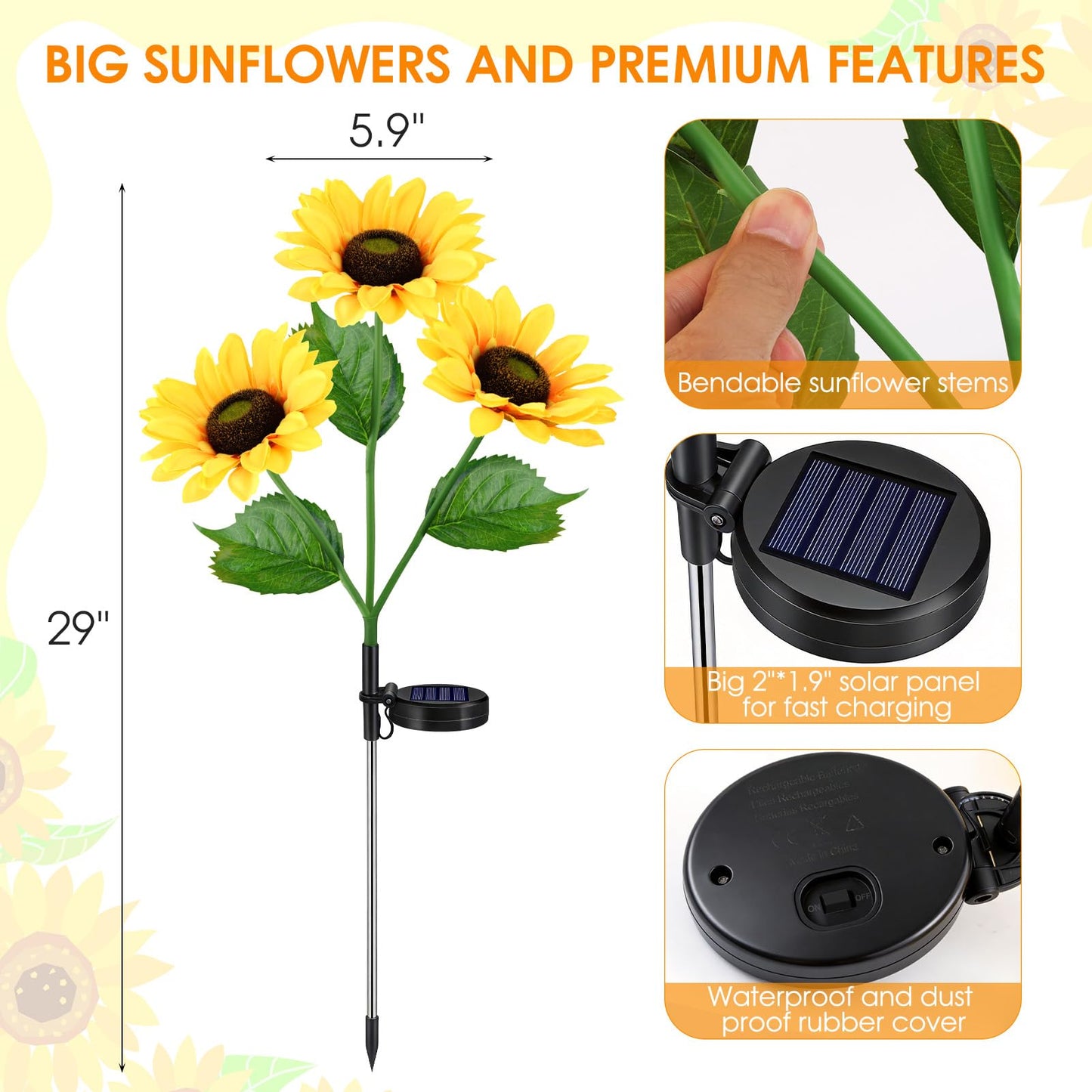 Solar Sunflowers Outdoor Waterproof, 3 Pack Solar Flowers Stake Lights with 9 Big Realistic LED Sunflowers for Yard, Garden, Cemetery Grave, Lawn, Flower Pot, Fall Outside Decorations (Sunflowers)