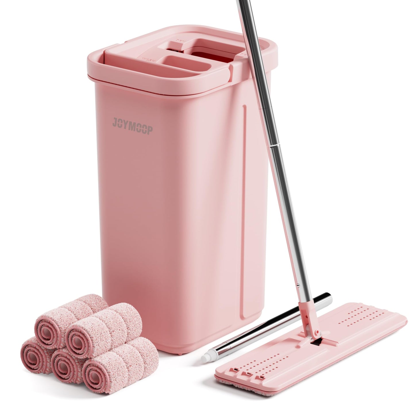 JOYMOOP Mop and Bucket with Wringer Set, Hands Free Flat Floor Mop and Bucket, 60" Mop with 5 Reusable Microfiber Pads, Wet and Dry Use, Floor Cleaning System - Pink