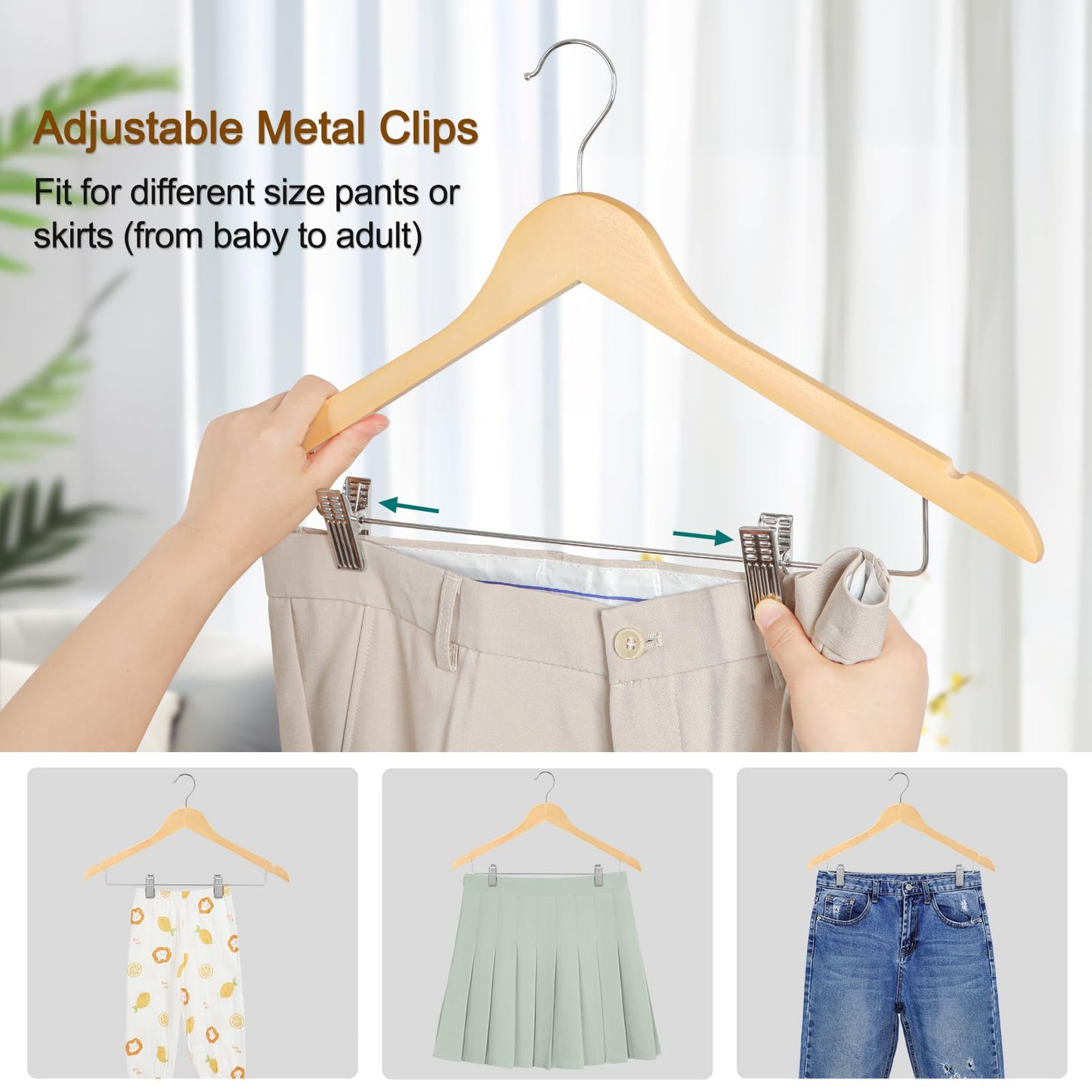 TOPIA HANGER Wooden Hangers with Adjustable Metal Clips and 360° Swivel Hook, Premium Wood Clothes Hangers 10 Pack for Suit, Pant, Skirt, Jeans, Coat, Jacket-CT28N