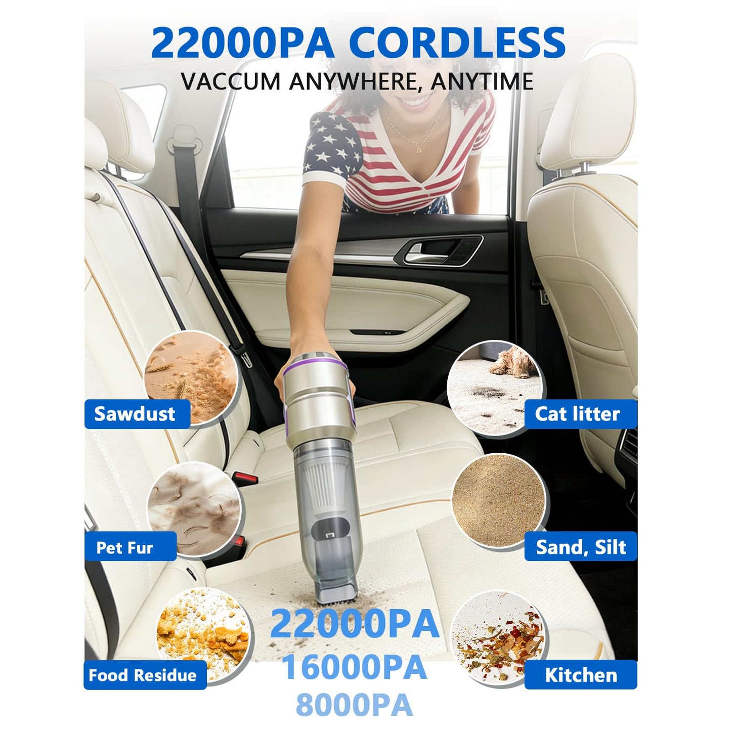 Frumeo 7-in-1 Powerful Car Vacuum Cleaner Cordless, 22000PA Mini Handheld Vacuum with LED Display, 3 Modes, Brushless Motor Portable Duster Blower Pump Hand Vacuum for Car, Home, Office