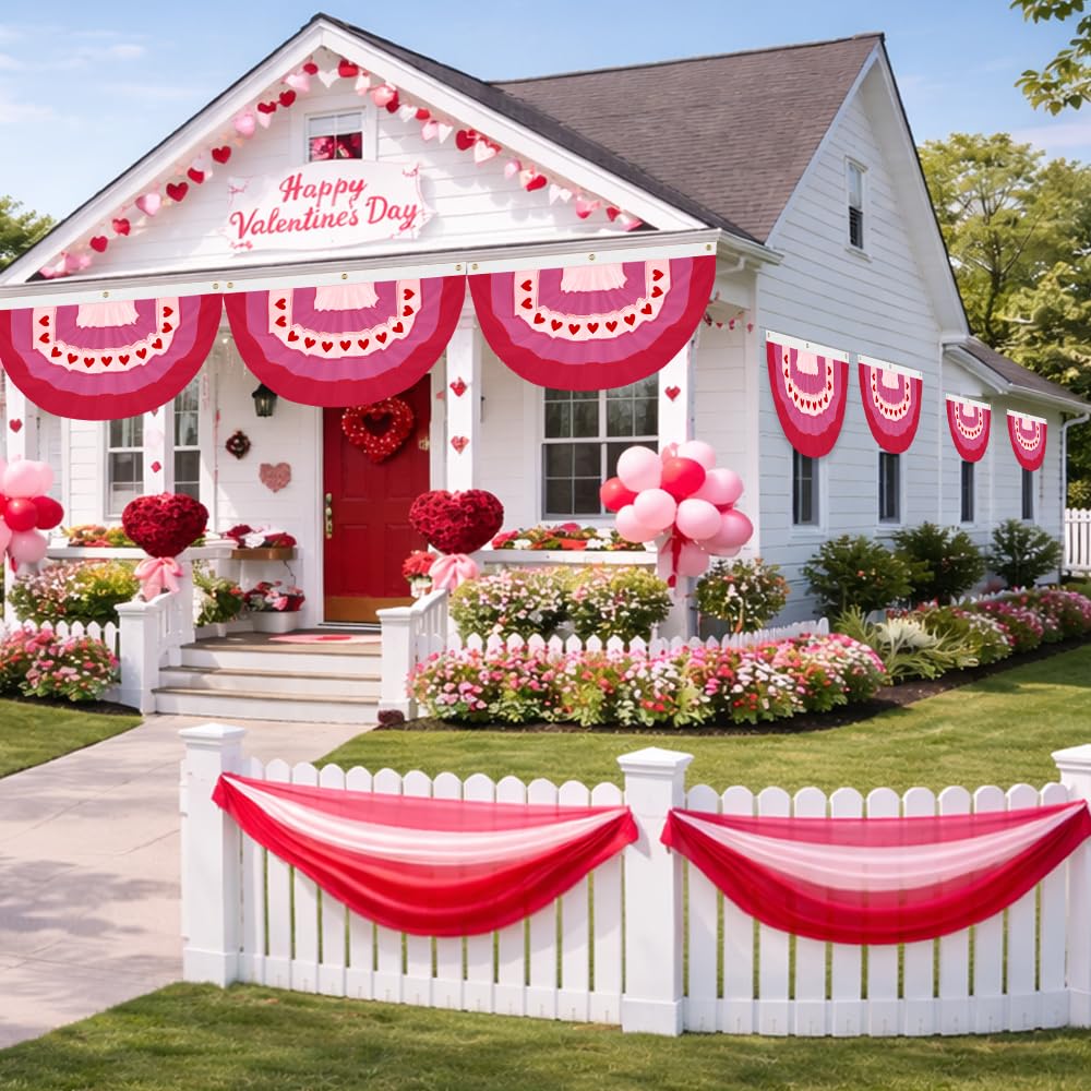 LinaGarten 4Pcs Valentine’s Day Bunting 2x4Ft Embroidered Love Heart Half Fan Bunting Flag Banner for Garden Fence, Outdoor Party, and Porch Decor