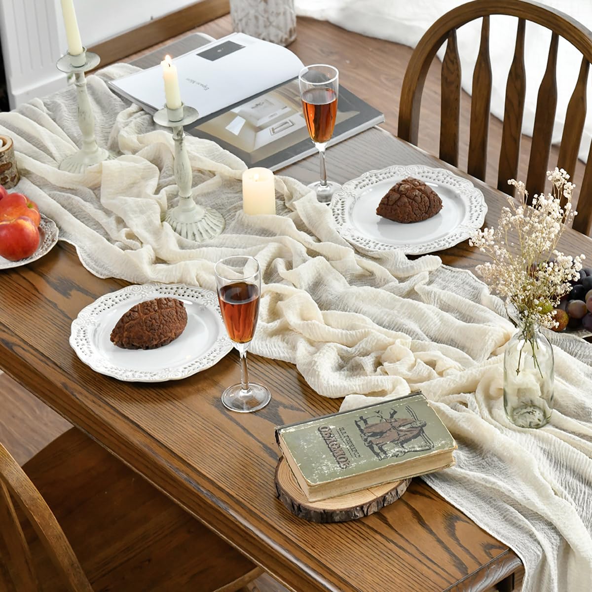 Artoid Mode Boho Cheesecloth Gauze Beige 10Pcs Wedding Table Runner, 300 cm Seasonal Fabric Kitchen Dining Holiday Table Decor for Home Party Indoor
