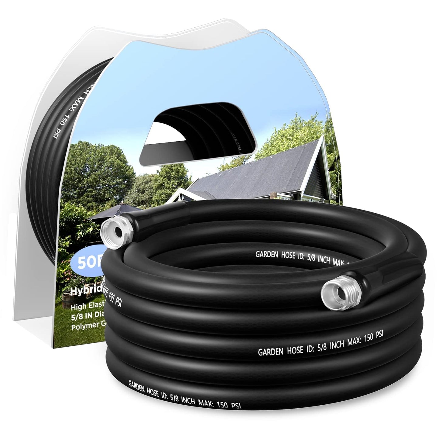 Famyards Garden Hose 50FT, 5/8'' Water Hose, Flexible and Leakproof Hybrid Garden Hose for RV, Trailer, Patio and Outdoor, Black