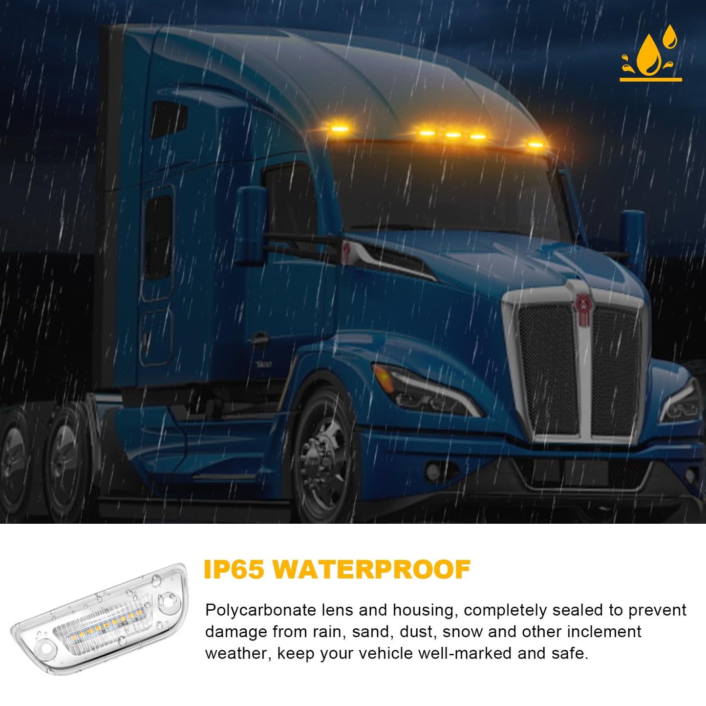 JZYZQBX 5PCS 9LED Cab Marker Top Roof Running Lights Assembly, Reflective Clear Lens, Super Bright Amber Light, Compatible with Kenworth T680 T770 T880 & Peterbilt 579 Heavy Trucks Cab Marker Lights