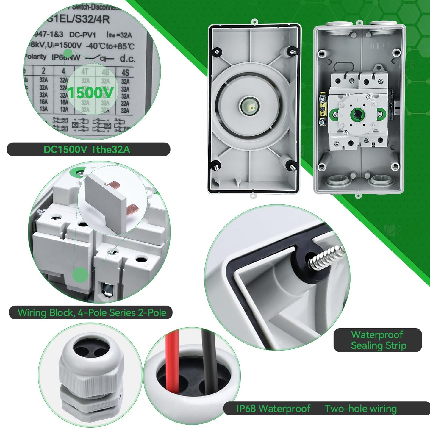 Solar Disconnect Switch DC1500V 32Amp 4-Pole Isolator Solar Switch with Waterproof IP66 Enclosure for Rooftop Solar Systems