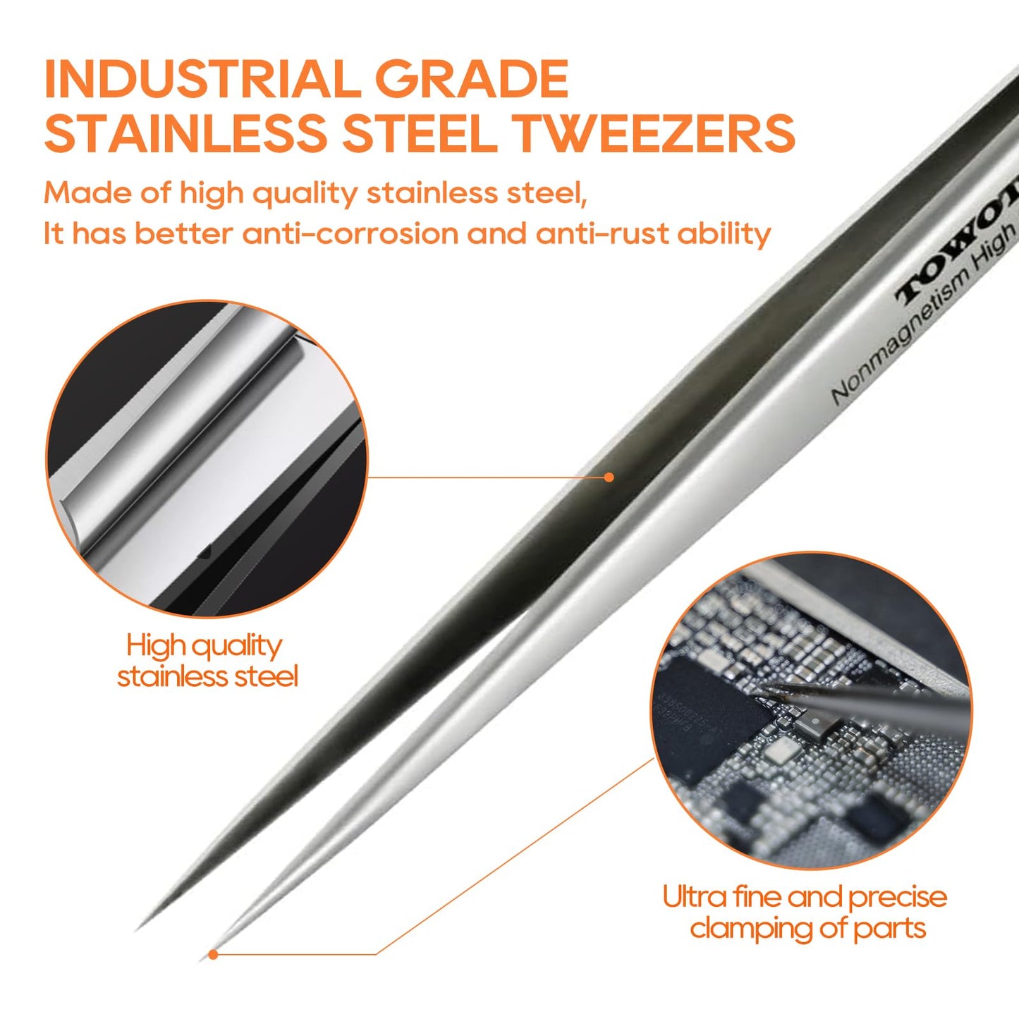 Precision Tweezers, 5 PCS Stainless Steel Pointed Tweezers for Craft, Electronics, Soldering, Jewelry-Making, Non-Magnetic Industrial Tweezers. Only TOWOT CA Sells Genuine Products