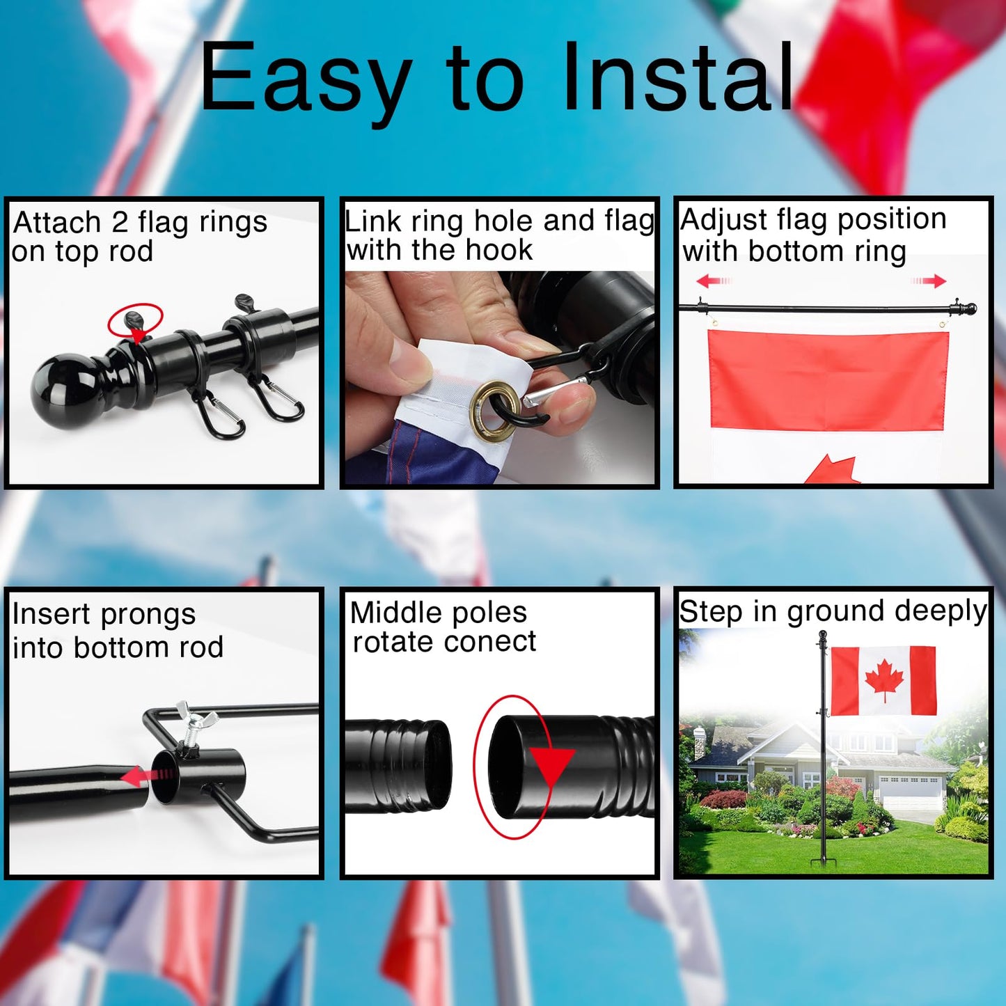 Ground Flag Poles for Outside House inground 2 Pack, 90 inch Black Heavy Duty Flag Pole Kit with 3x5ft Canada Flag, 2 Pronges Base and Tangle Free Flagpole Rings for Outdoor
