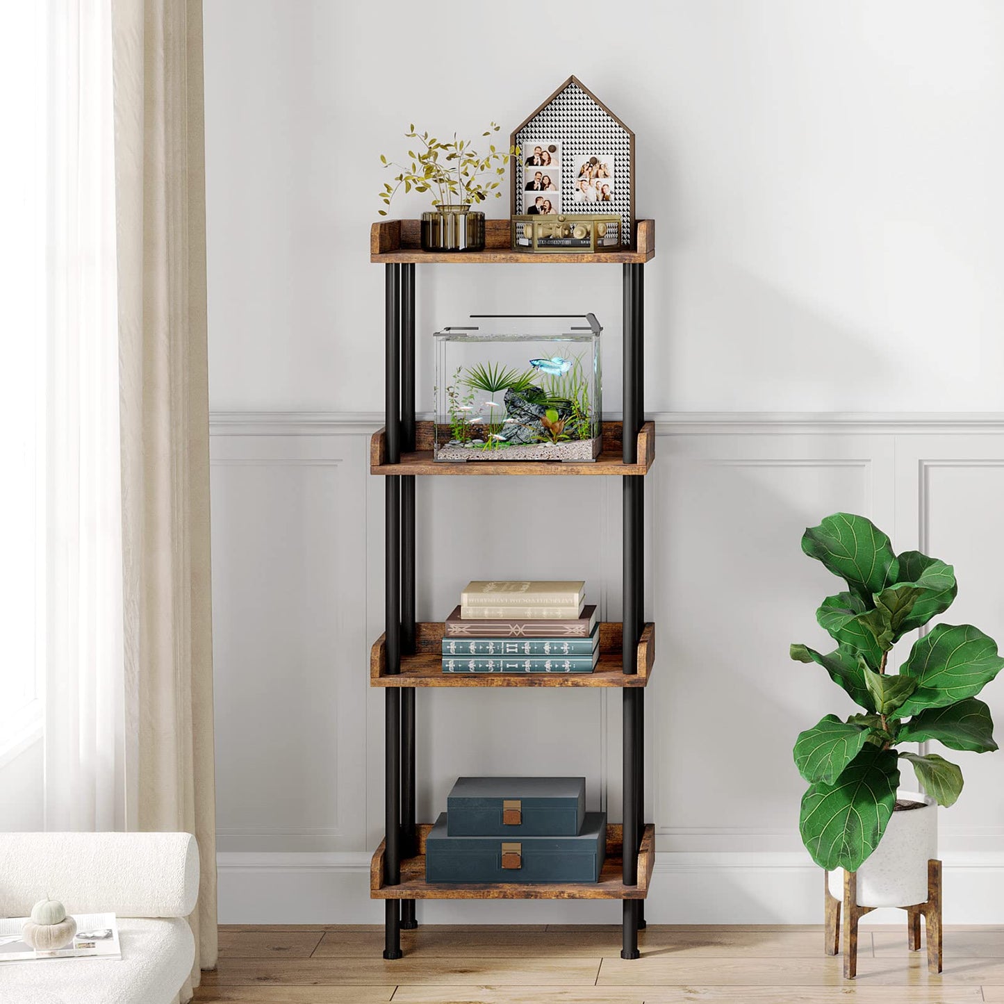 Hosfais Bookshelf Small Book Shelf, 4 Tier Wood Bookcase Industrial Bookshelf Metal Standing Book Shelves Display Book Rack for Living Room Bedroom Home Office (Rustic Brown)