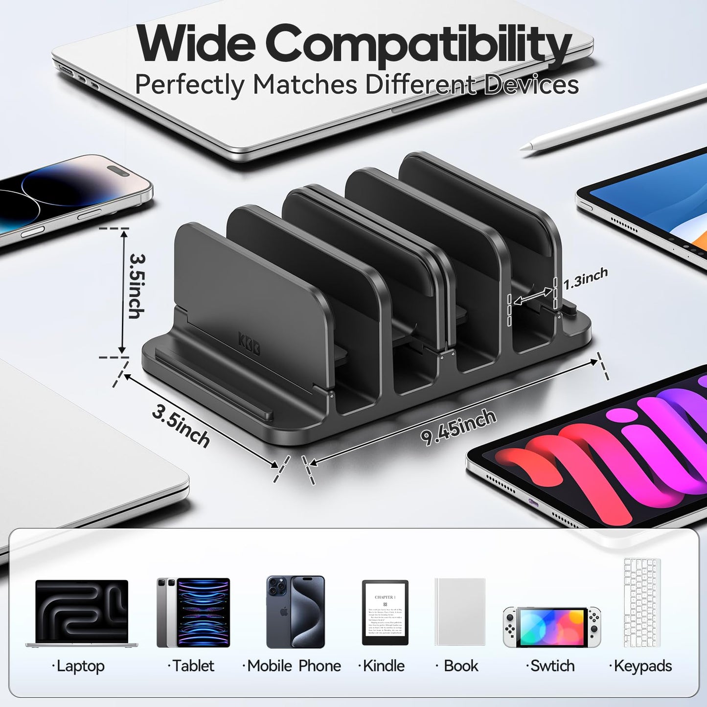 KDD 4-Slot Vertical Laptop Stand for Desk, 6-in-1 Design Laptop Mount Riser with Gravity Locking, Space-Saving Computer Organizer Dock Supports MacBook Pro Air, Mac, HP, Dell,Microsoft Surface, Lenovo