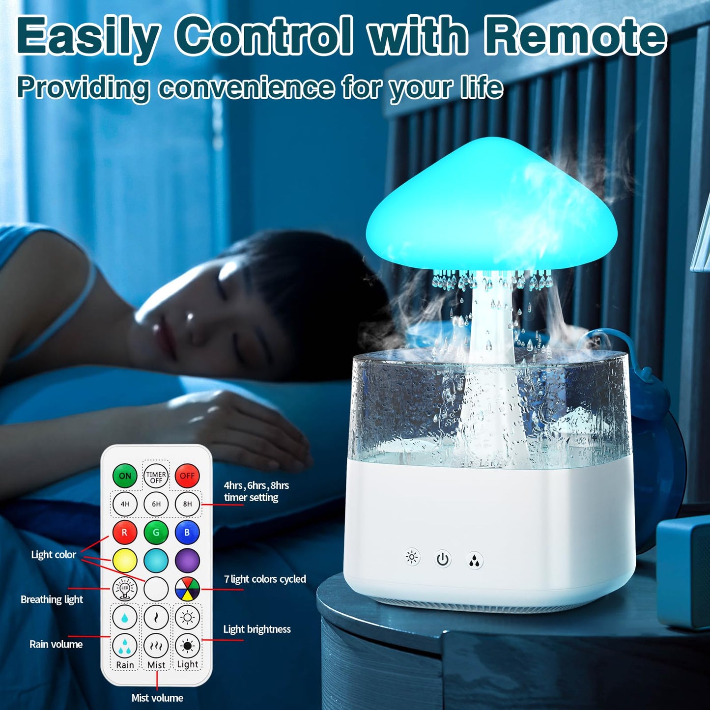Cloud Humidifiers Rain Water Drip 450ML Mushroom Humidifiers with Remote Control 7 Colors Mood Light Air Humidifier Raindrop Humidifiers for Bedroom