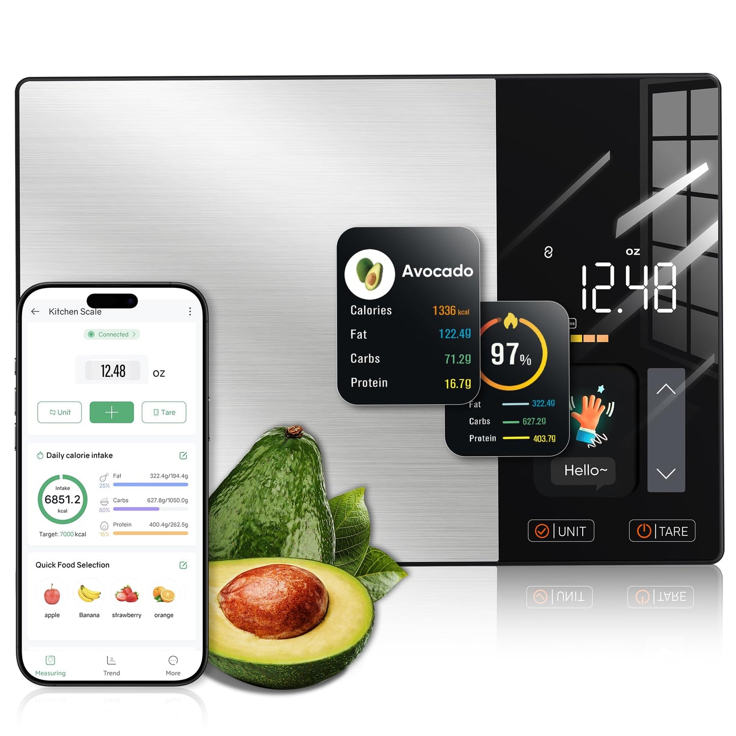 KUAIVO Smart Food Scale with TFT Display, Tracks Calories, Fat, Carbs & Protein, Works with App for Daily Nutrition Tracking, 50 Built-in Foods, 23 Nutrients, Digital Kitchen Scale for Meal Prep