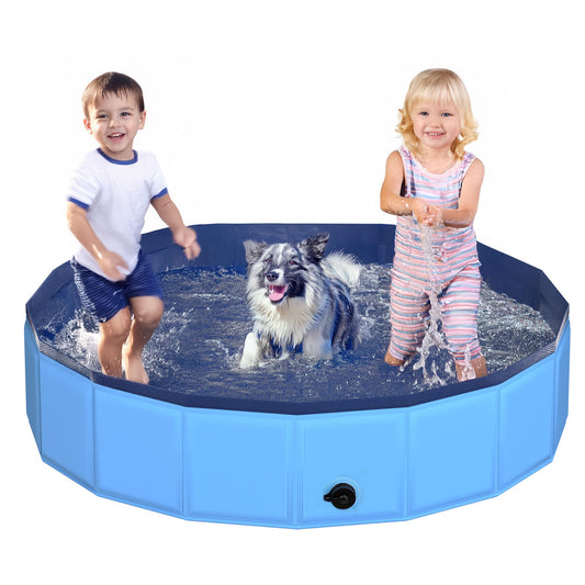 CACSPS 55" x 12" Foldable Dog Pool - Collapsible Hard Plastic Kiddie Pool for Dogs & Kids, Non-Slip Pet Bath Tub for Outdoor Backyard Use, Lightweight & Portable (Blue)