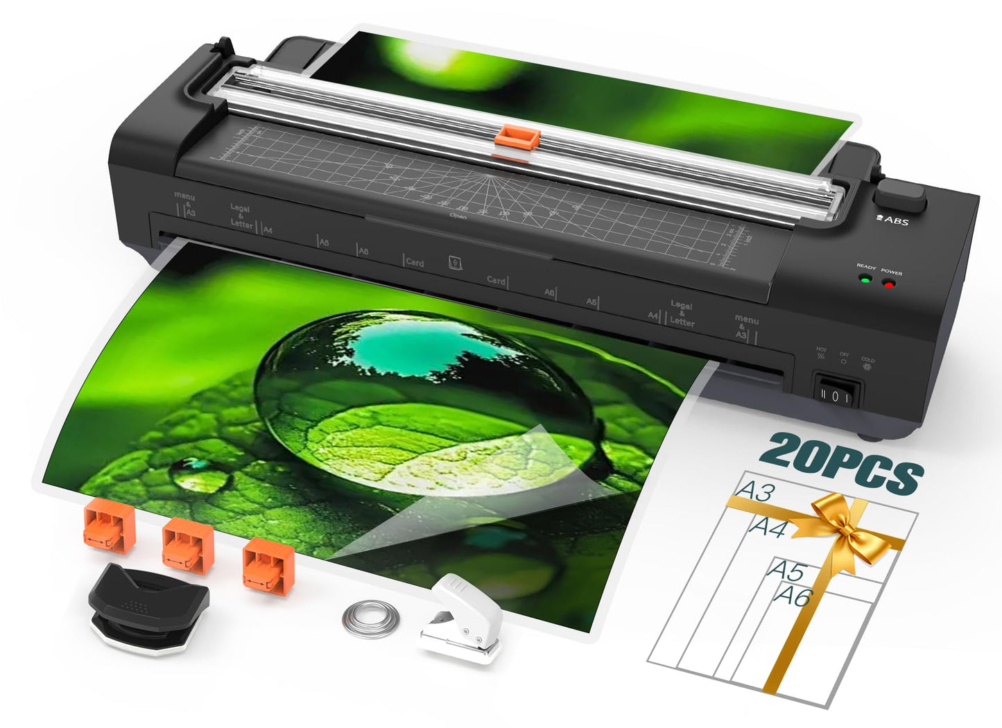 13 Inch Laminator Machine with Auto Paper Feed, Never Jam A3 Thermal & Cold Lamination, 20 Laminating Sheets, 10-in-1 Laminator with Cutter, Trimmer & Corner Rounder for Office School Home Use（Black）