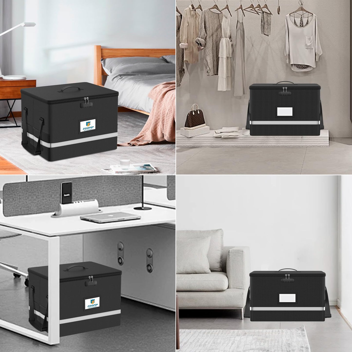 ZOOPIP Fireproof File Box with Lock, 5200°F Document Box Storage Organizer, Suitable for Hanging File Folders in Letter Size, Collapsible Box, Reflective Strip for Fast Find (16.6*12.6*10.2, Black)