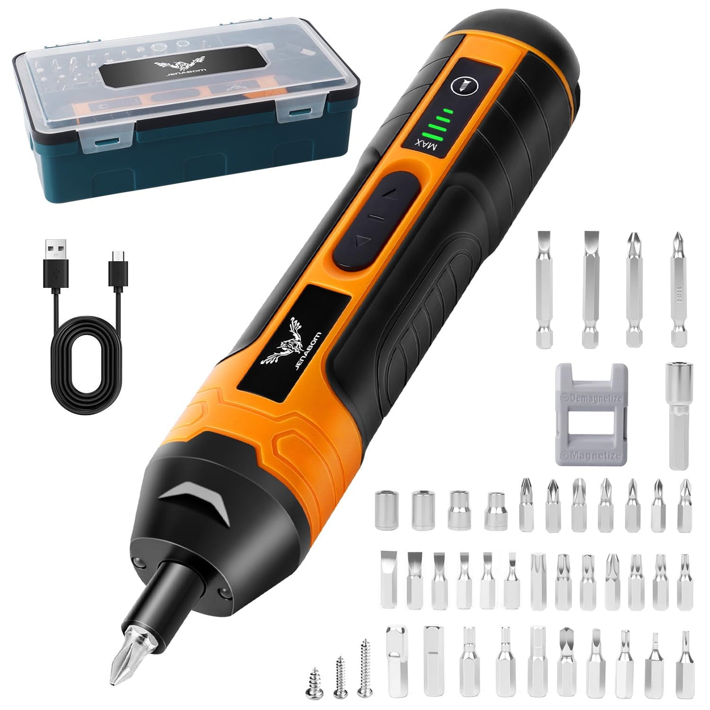 JENABOM 105 in 1 Electric Cordless Screwdriver,4-Gear Torque,LED Light,5N.m Max Adjustable Torque,3.6V Rechargeable Screwdriver for Daily & Light Industrial use (Orange)