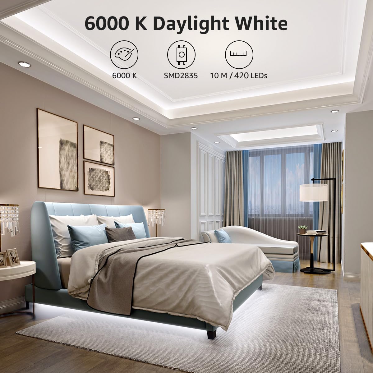 Lepro led Light Strips, 32.8ft LED Lights, Dimmable Under Cabinet Lighting, Super Bright LED Tape Lights, 420 LEDs SMD 2835, Suitable for Home, Kitchen, Under Cabinet, Bedroom, Daylight White (6000K)