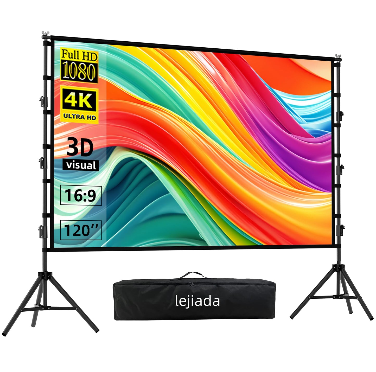 Projectior Screen with Stand,120 inch Portable Foldable Projector Screen 16:9 HD Indoor Outdoor Projector Movies Screen with Carrying Bag for Home Theater Camping and Recreational Events