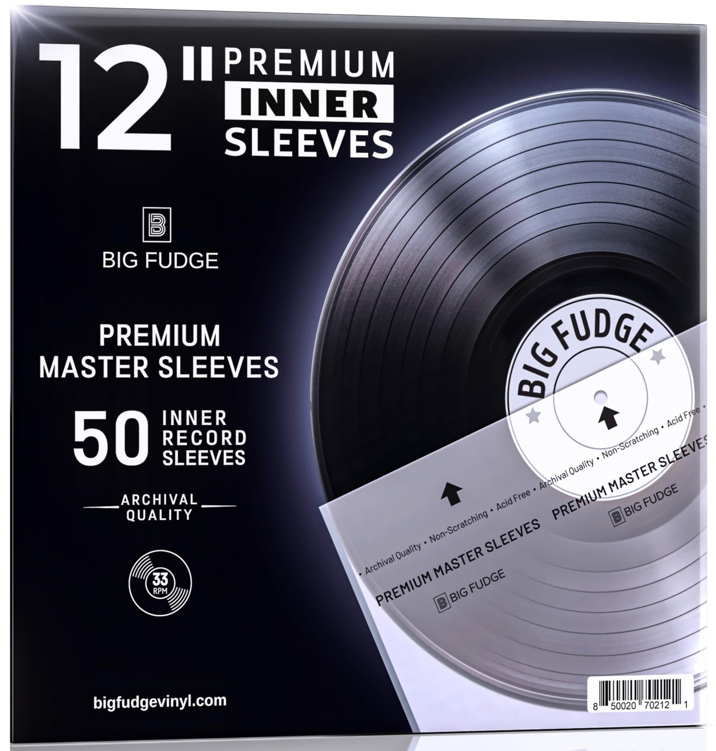 Big Fudge Vinyl Record Inner Sleeves - Clear 3-Ply Album Covers with Anti-Static Rice Paper - Acid Free Protective Outer Cover for 12" Records - White, 50 Pack