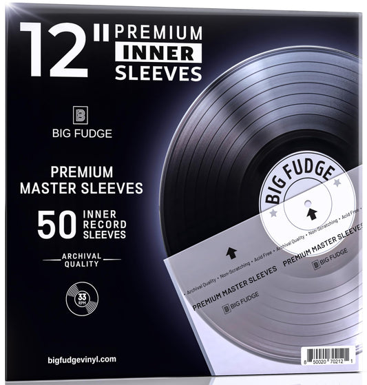 Big Fudge Vinyl Record Inner Sleeves - Clear 3-Ply Album Covers with Anti-Static Rice Paper - Acid Free Protective Outer Cover for 12" Records - White, 50 Pack