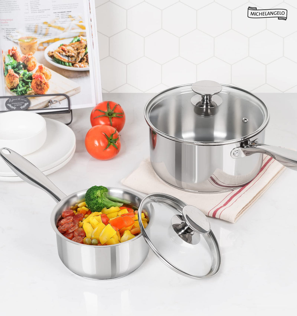 MICHELANGELO Stainless Steel Saucepan Set with Lids, 1 QT and 3 QT Saucepan Pot Set, Nonstick Saucepans, 4 Piece, Dishwasher Safe, Induction Compatible