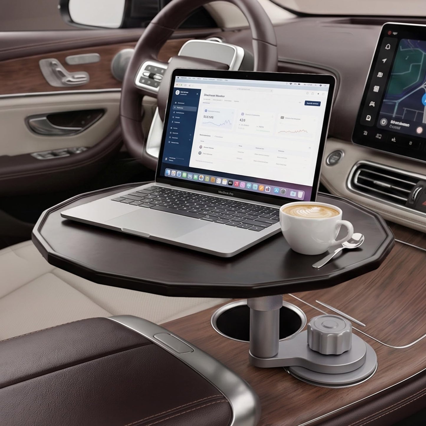 NEOGO Car Desk for Laptop - 360° Rotating Wooden Car Tray with Updated 4-Way Expandable Base, 2 Height Modes Cup Holder Table, Steering Wheel Tray Alternative for Eating & Work, Universal Fit (Walnut)