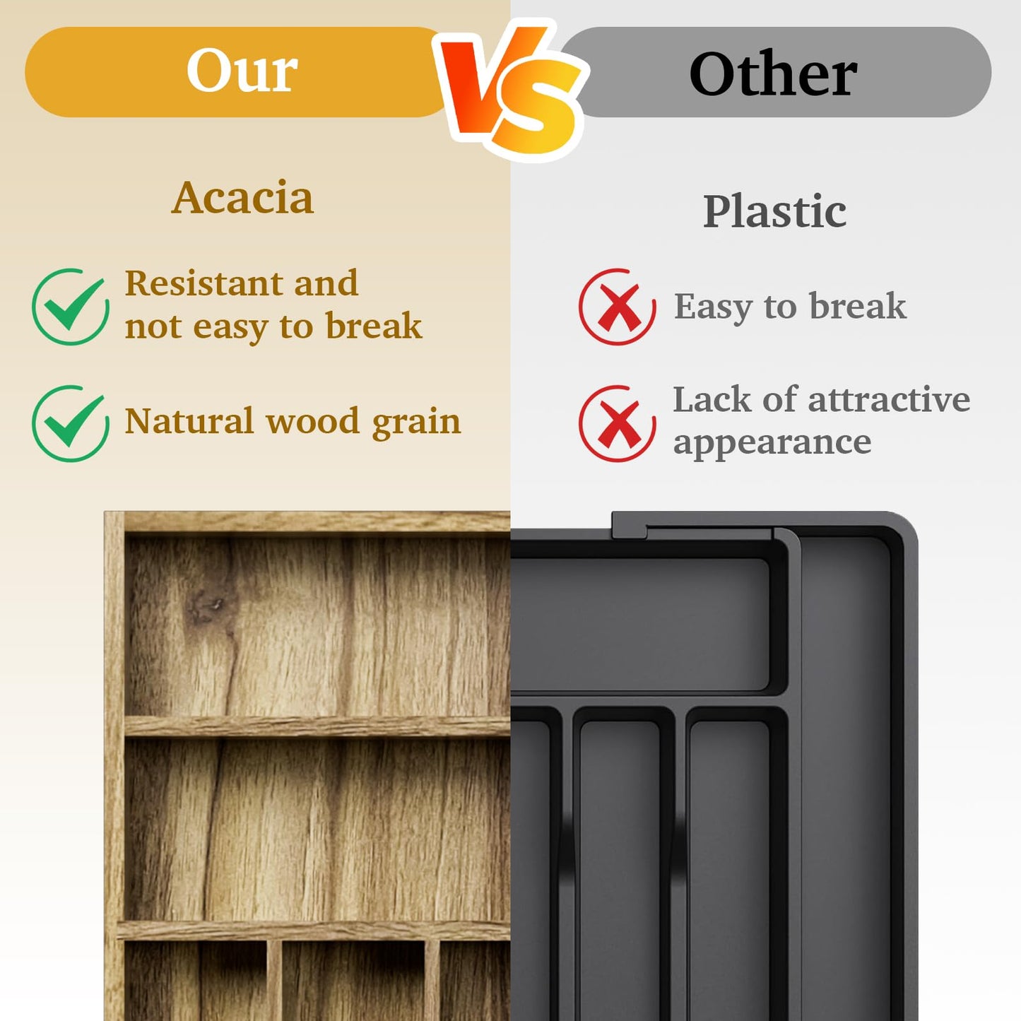 Kiasthome Acacia Wood Silverware Drawer Organizer, Kitchen Utensil Cutlery Drawer Organizer with Grooved Dividers, Flatware Organizer Silverware Tray Holder for Spoon, Fork, 13''x16.9'' (7 Slots)