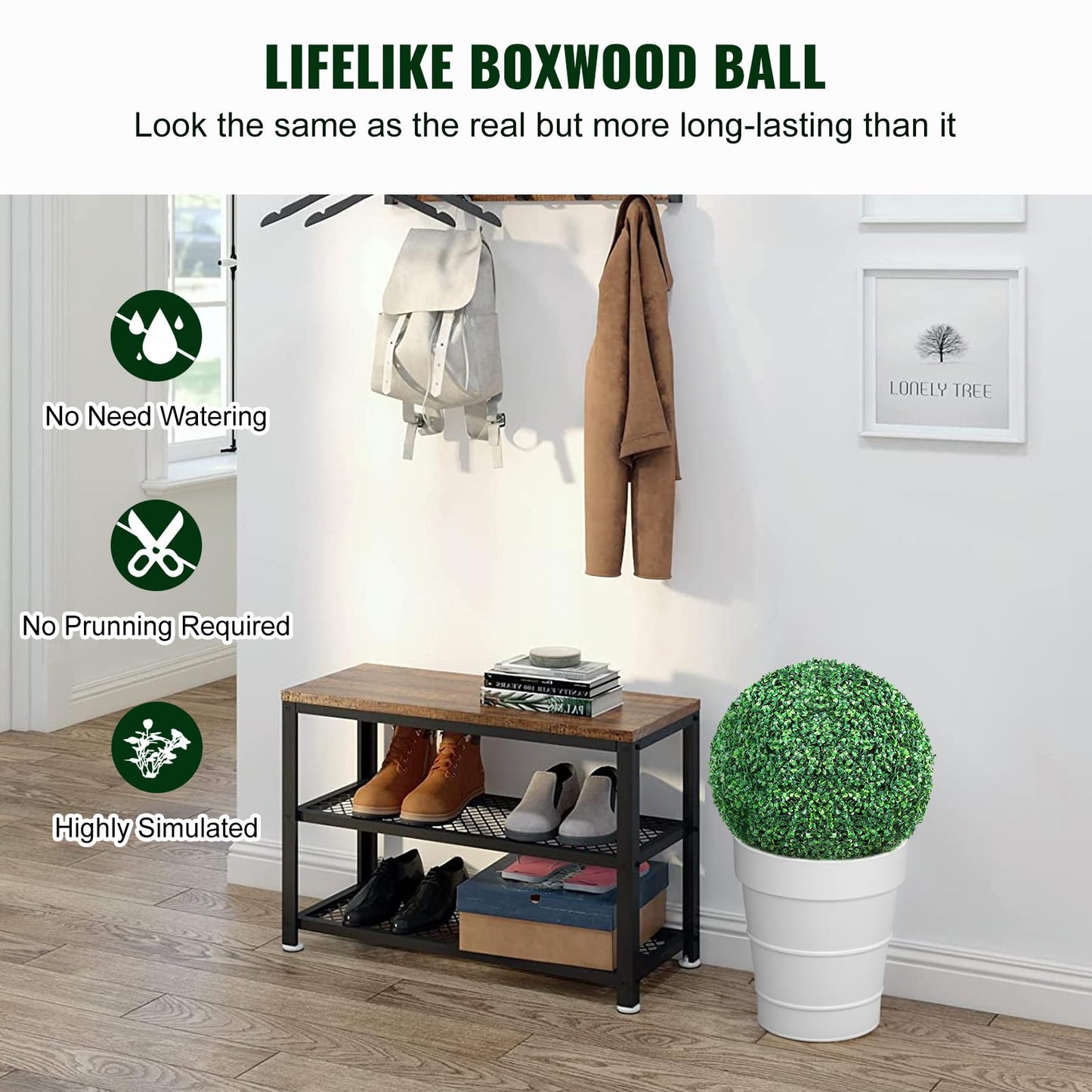 VEVOR Artificial Topiaries Boxwood Trees, 16” Tall (2 Pieces), Ball-Shape Faux Topiaries Plant, All-Year Green Feaux Plant Decorative Balls for Backyard, Balcony,Garden, Wedding and Home Décor