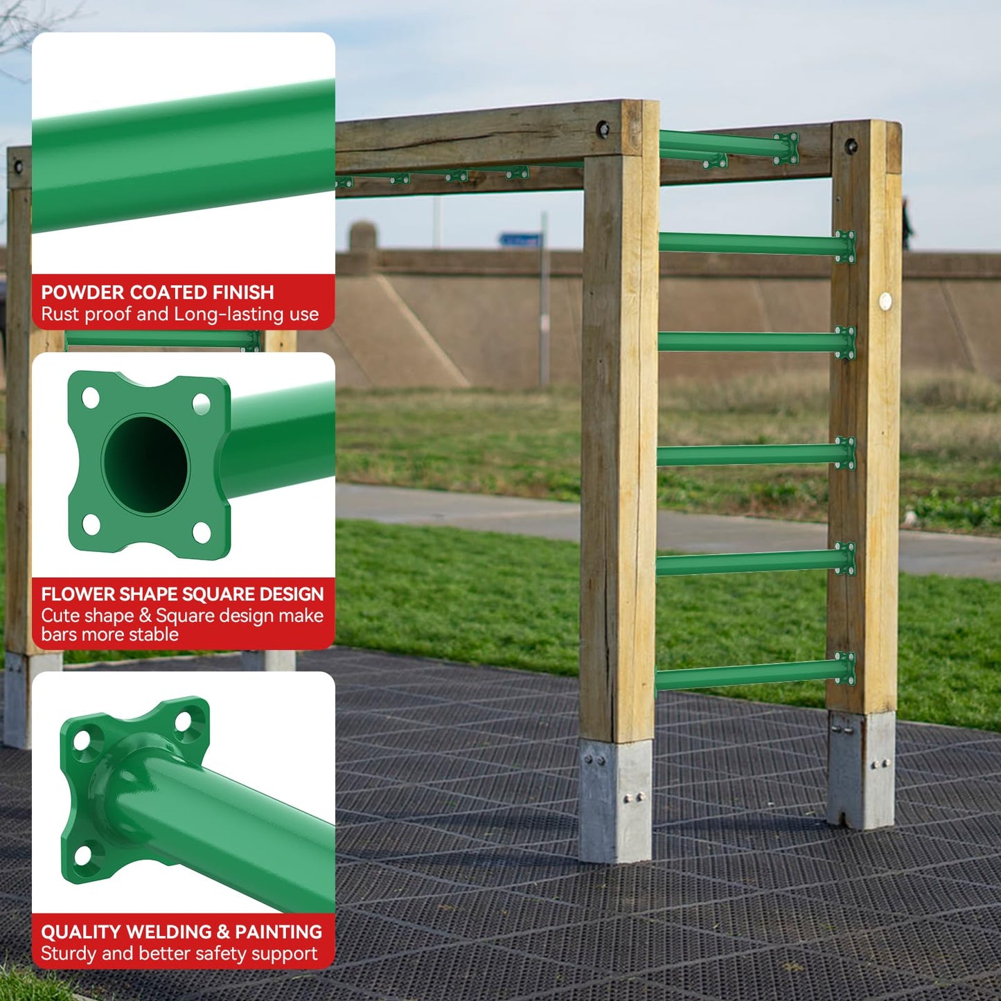 16.5 Inch Monkey Bars Kit Playground Ladder Rungs for Backyard Indoor Outdoor Kids Metal Monkey Bars Swing Set Playset Accessories (Green, 6 Pcs)