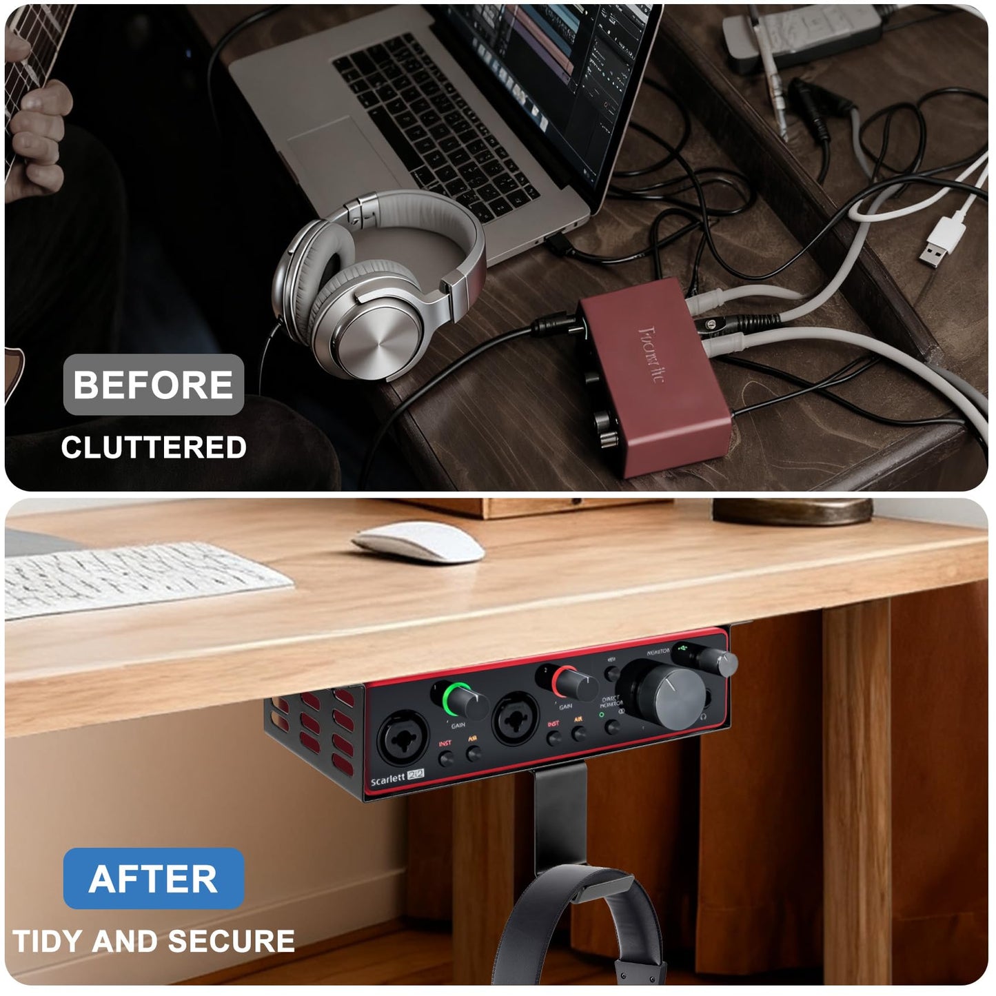 Metal Under Desk Mount for Focusrite Scarlett 2i2 3rd Gen with Adjustable Headphone Hanger Stand, Metal Under Desk Mount for Audio Interfaces and Studio Gear (Only for Focusrite Scarlett 2i2 3rd Gen)