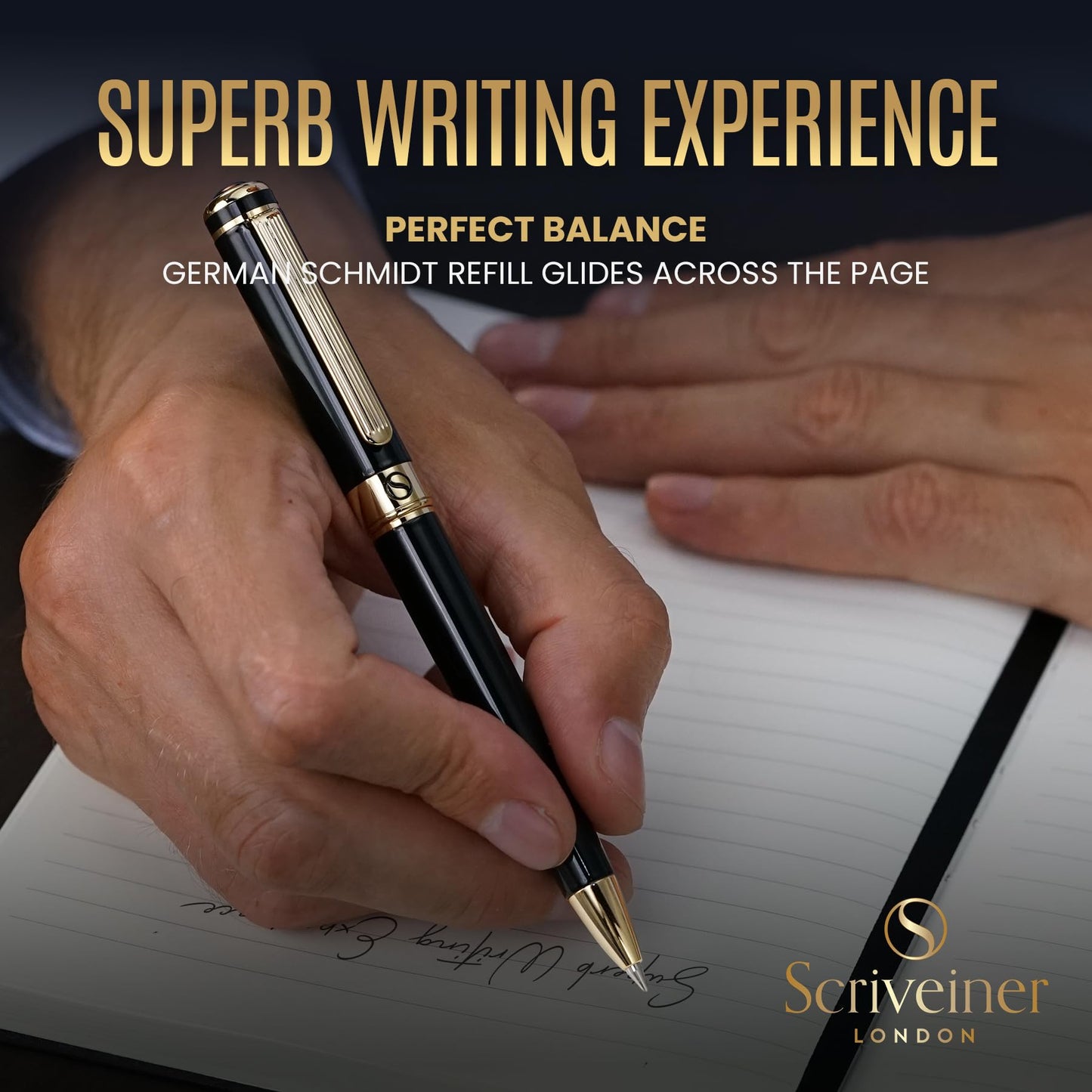 Scriveiner Black Lacquer Ballpoint Pen - Stunning Luxury Pe, Real Gold Plating, Schmidt Black Refill, Best Ball Pen Gift Set for Men & Women, Professional, Executive, Office, Nice Pens