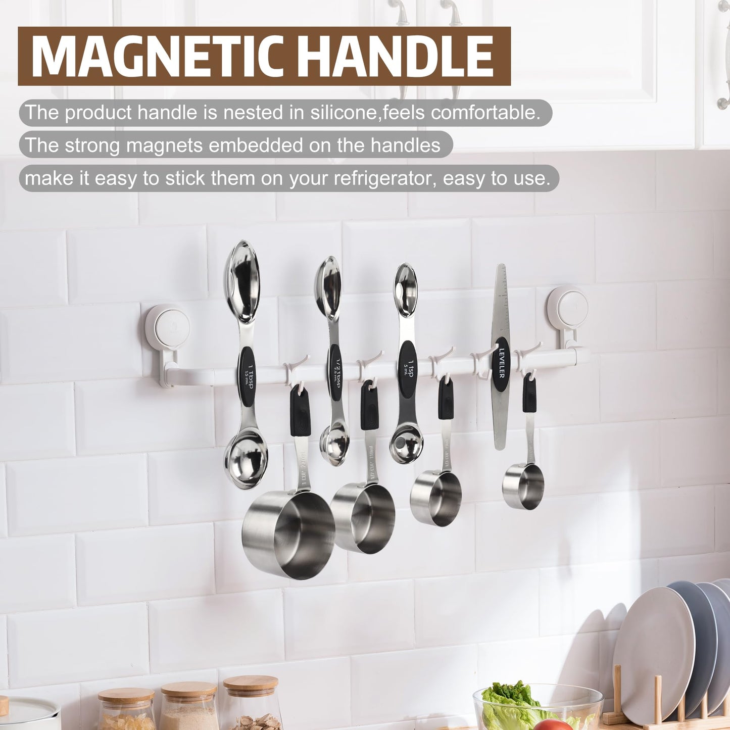 Magnetic Measuring cups and spoons Set, 5 Stainless Steel Magnetic Measuring Cup and 8 Double Sided Measuring Spoons with 1 Leveler，Kitchen Gadgets for Cooking & Baking