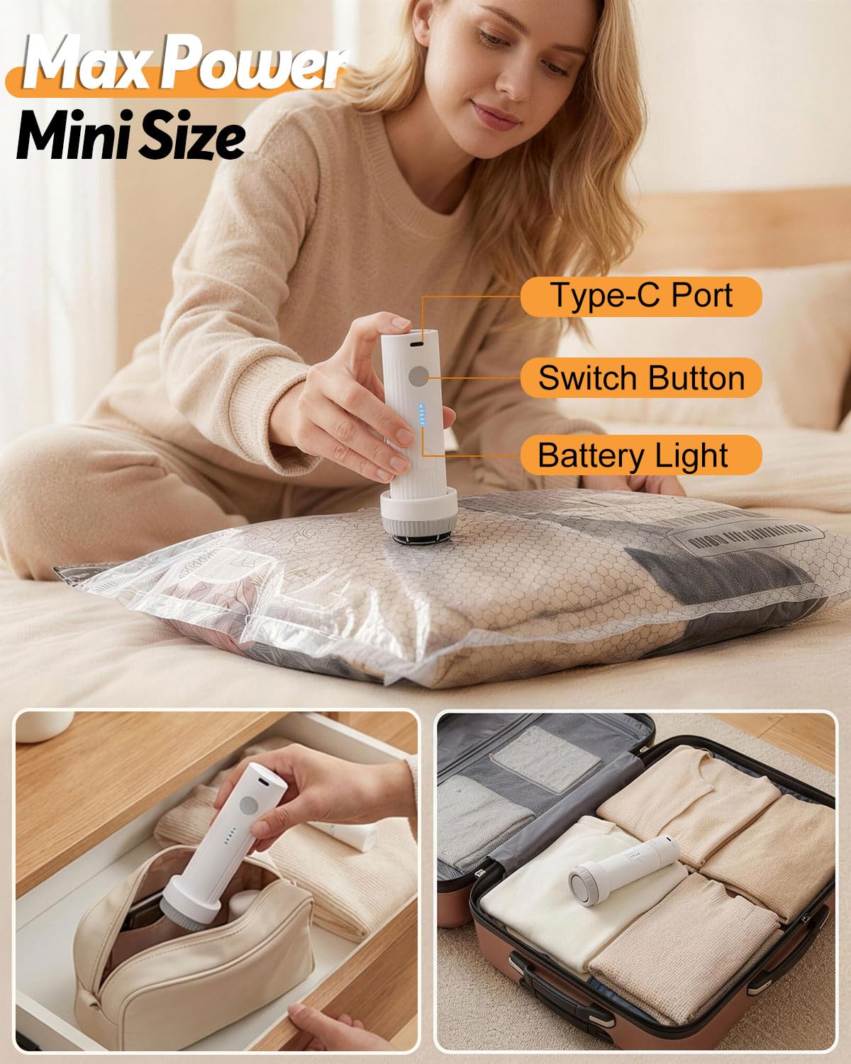 Travel Vacuum Bags with Cordless Pump, Vacuum Bags for Travel, Vacuum Sealer Bags for Clothes, Space Saver Vacuum Storage Bags for Luggage, Reusable Vacuum Packing Bags for Clothing & Bedding, 15 Pack