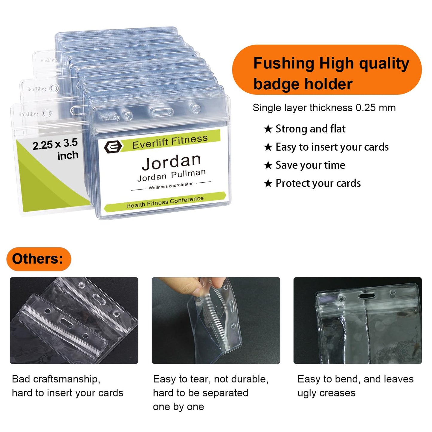 Fushing 200Pcs Clear Plastic Horizontal Name Tag Badge ID Card Holders