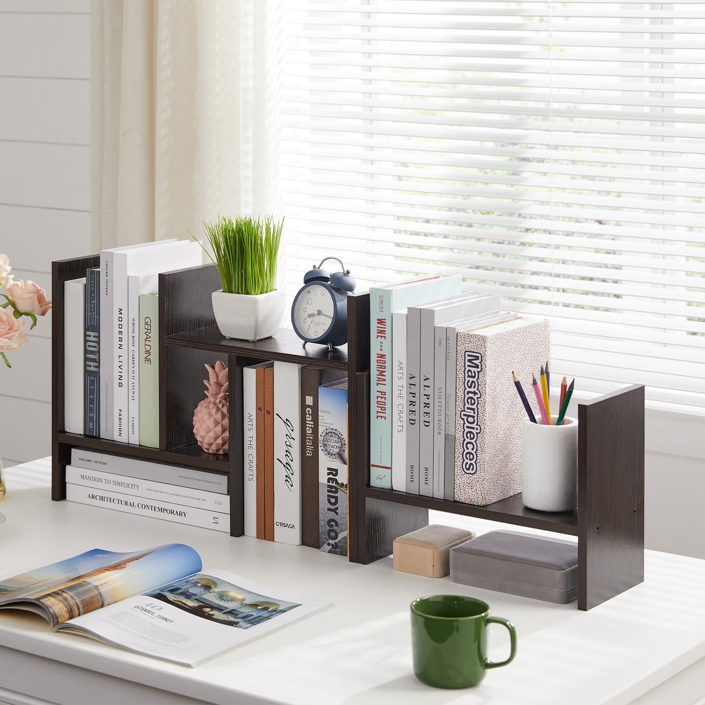 Somdot Desktop Bookshelf, Desk Shelf Organizer Storage Display Shelf Rack, 3 Pack Counter Top Bookcase for Home Office，Dark Brown