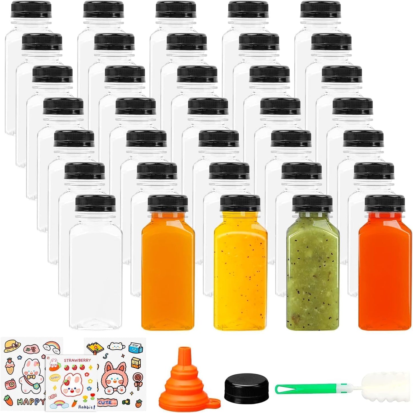 35 Pack 12oz Clear Plastic Juice Bottles with Caps, Empty Reusable Juice Bottles Bulk Square Beverage Containers for Juice Milk Water Smoothie Cold Drinks (Includes Labels, Brush & Funnel)