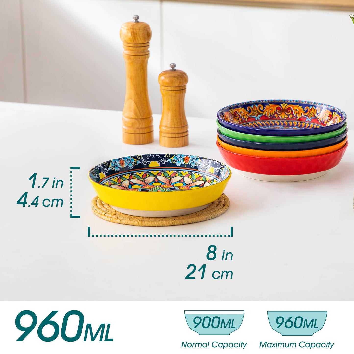 vancasso 32 Oz Pasta Bowls Sets of 6, Ceramic Large Colorful Salad Serving Bowls for Kitchen, Dishwasher & Microwave Safe, Pasta Plates, Dishwasher & Microwave Safe, Series KRVI