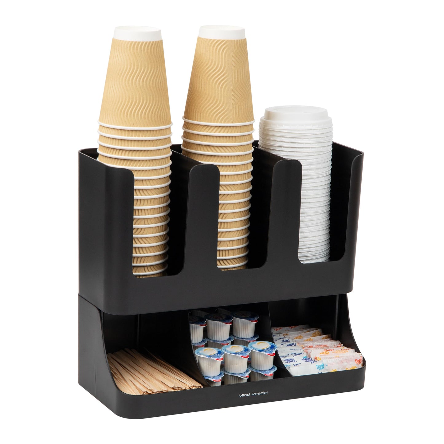 Mind Reader 6 Compartment Upright Breakroom Coffee Condiment and Cup Storage Organizer, Black, 13.5 x 4.30 x 12