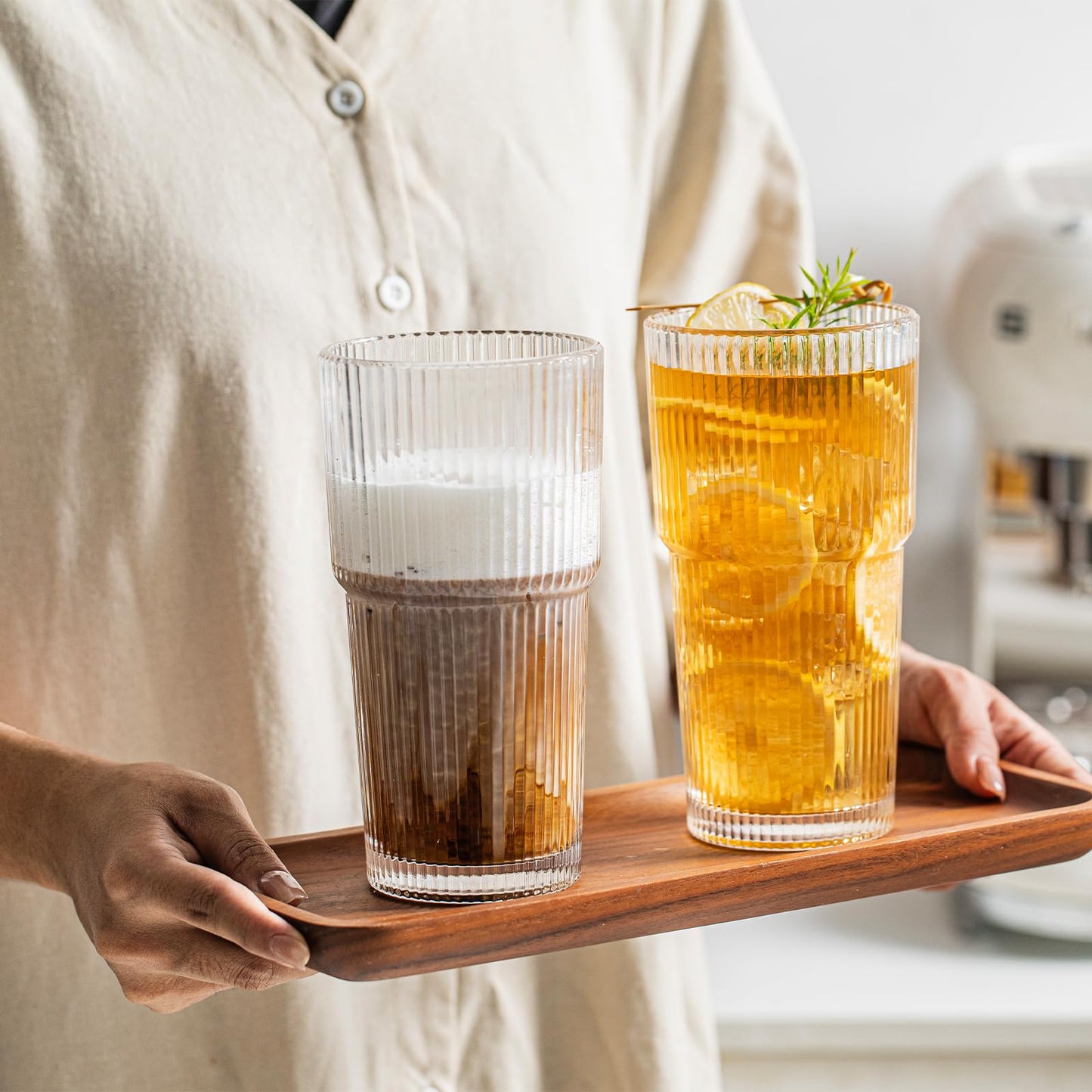 20oz Ribbed Glass Tumbler Set of 4 – Large Capacity Drinking Glasses for Iced Coffee, Water, Juice, and Cocktails – Elegant Modern Glassware for Everyday Use and Special Occasions